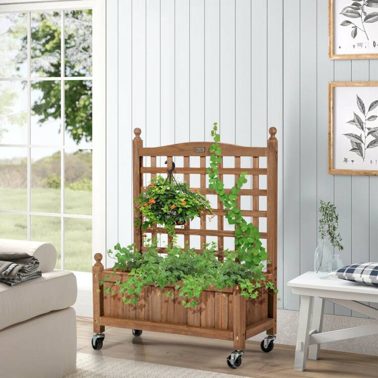 Alt View 2. Mondawe - 32 Inch Wooden Planter Box with Trellis and Lockable Wheels, Raised Garden Bed - Brown.