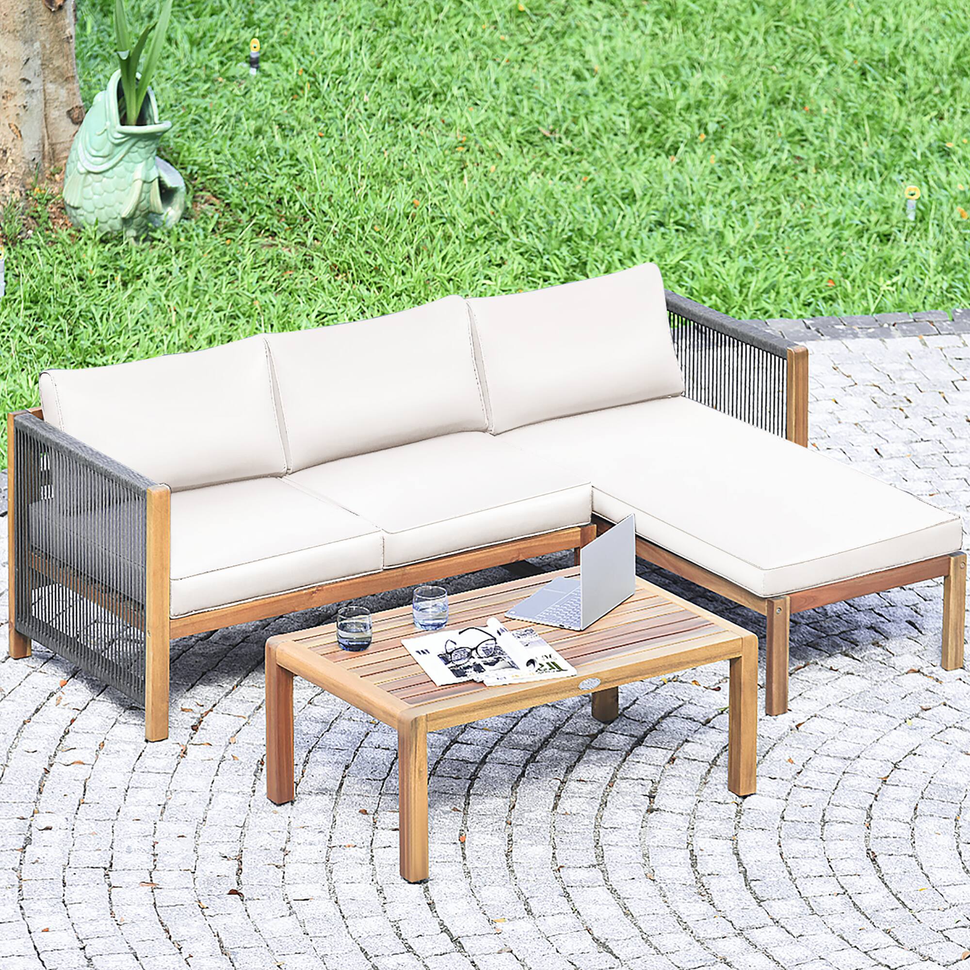 Alt View 9. Costway - Costway 3PCS Patio Acacia Wood Sofa Furniture Set Thick Cushion W/Nylon Rope Armrest - White.