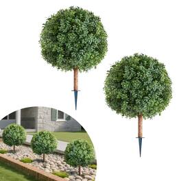 VEVOR - Artificial Topiary Boxwood Trees with Ground Spike, 27 inch 2 Set Faux Shrubs & Bushes Potted Plants - Green