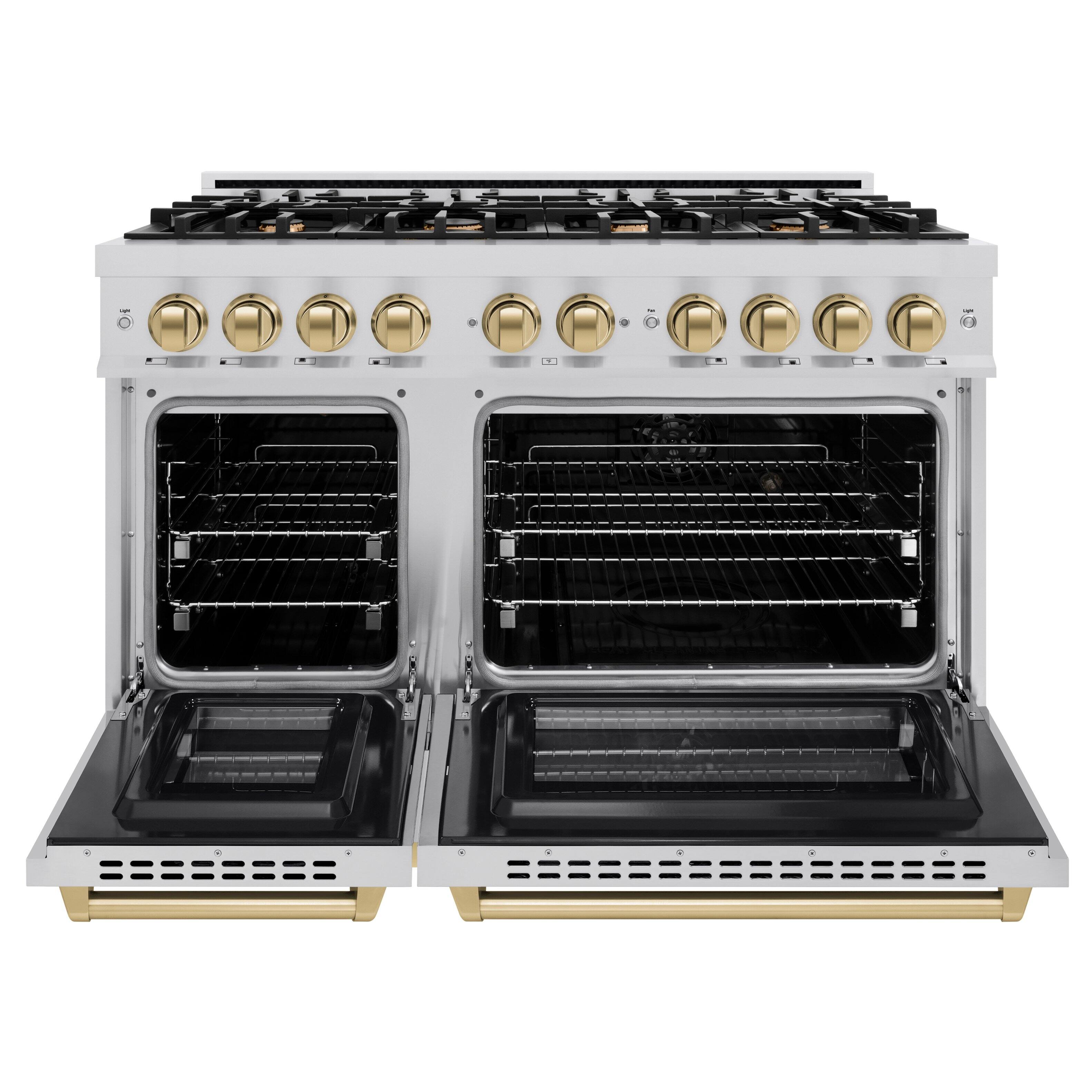 Left. ZLINE - ZLINE Autograph 48" Select Double Oven Dual Fuel Range w/ Champagne Bronze Accents (HDRZ-48-CB) - Black.