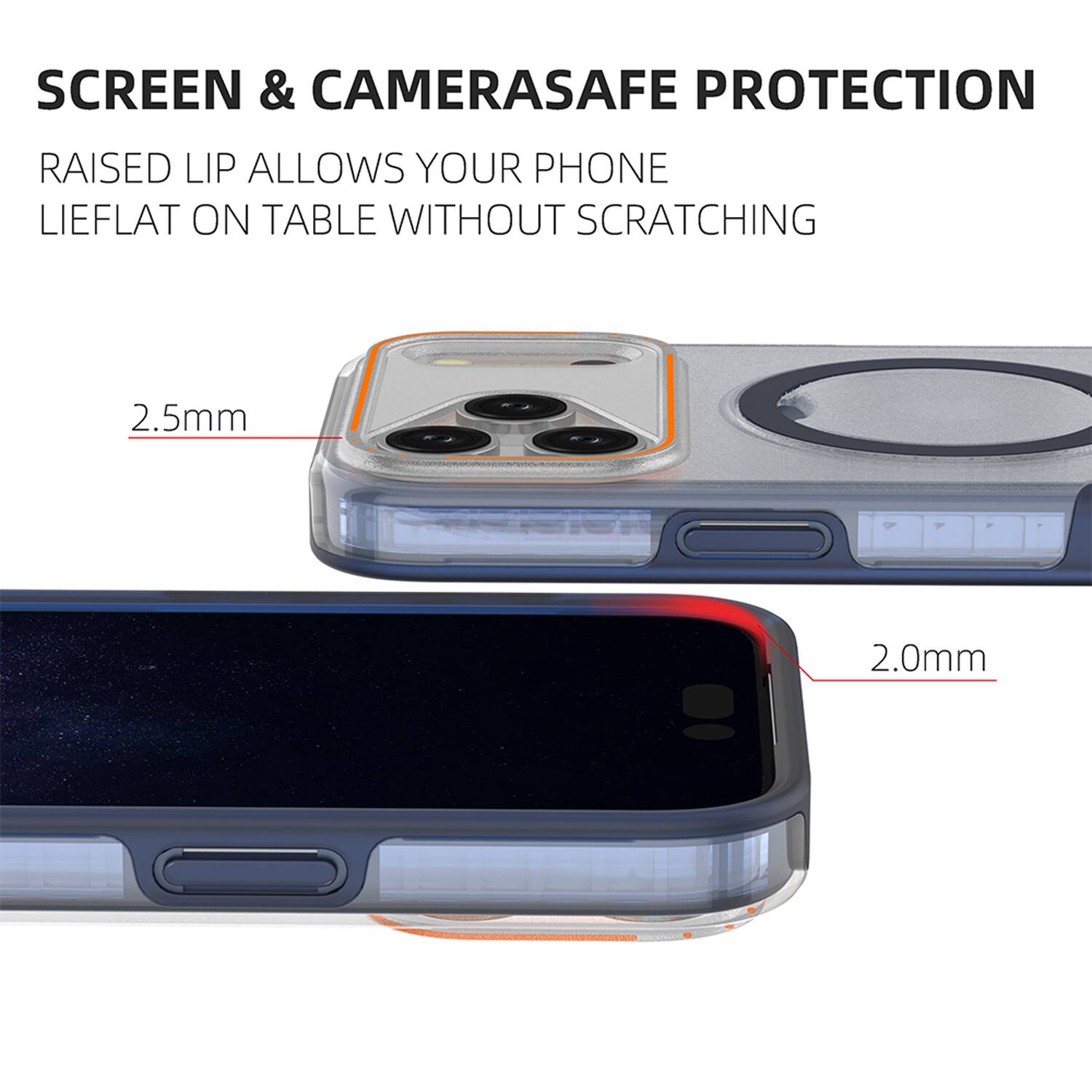 SCREEN & CAMERASAFE PROTECTION  
RAISED LIP ALLOWS YOUR PHONE LIEFLAT ON TABLE WITHOUT SCRATCHING  
2.5mm  
2.0mm