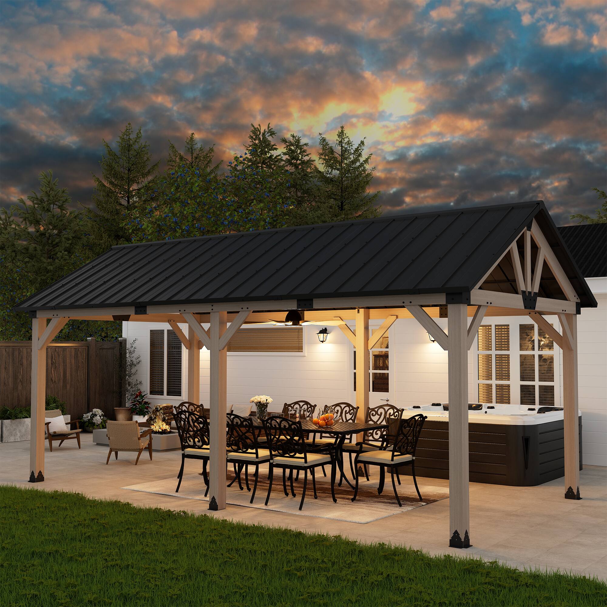 Left. Mondawe - 12x20 ft. Cedar Wood Gazebo with Galvanized Steel Gable Roof - Natural Wood.
