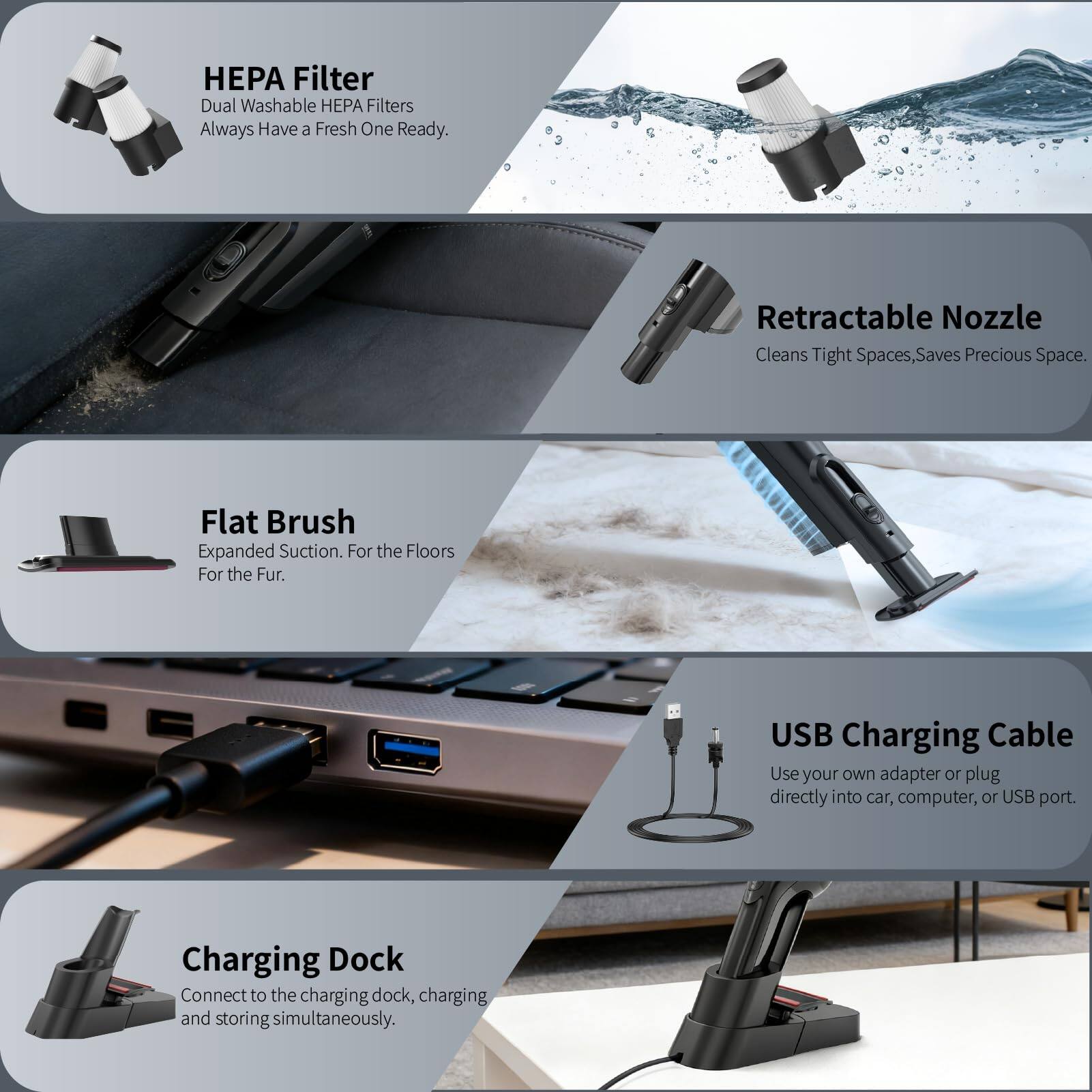 - **HEPA Filter**
  - Dual Washable HEPA Filters
  - Always Have a Fresh One Ready.

- **Retractable Nozzle**
  - Cleans Tight Spaces, Saves Precious Space.

- **Flat Brush**
  - Expanded Suction. For the Floors For the Fur.

- **USB Charging Cable**
  - Use your own adapter or plug directly into car, computer, or USB port.

- **Charging Dock**
  - Connect to the charging dock, charging and storing simultaneously.