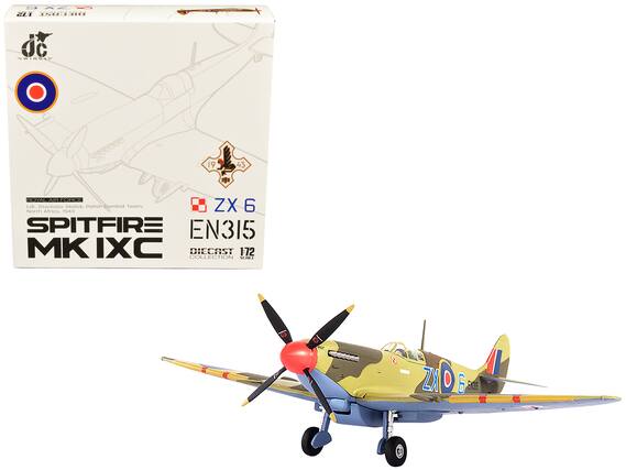 Sure, here is the corrected and grouped text:
---
**Royal Air Force**
Laf. Stanislav Skalski, Polish Combat Team, North Africa, 1943
**Spitfire MK IXc**
EN315
ZX 6
**Diecast Collection 172**
---
**Box Details:**
- **ZX 6**
- **EN315**
- **1943**
- **North Africa**
- **Polish Combat Team**
- **Laf. Stanislav Skalski**
- **Diecast Collection 172**
---
**Model Details:**
- **ZX 6**
- **EN315**