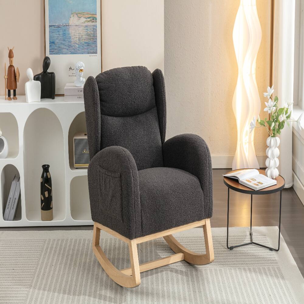 Alt View 8. Loheer - Loheer Teddy Fabric Rocking Chair Dark Gray Ergonomic Nursery Rocker with Wood Legs 300 lbs Capacity - Dark Gray.
