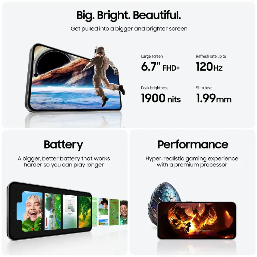 Big. Bright. Beautiful. Get pulled into a bigger and brighter screen. Large screen 6.7" FHD+ Refresh rate up to 120Hz Peak brightness 1900 nits Slim bezel 1.99mm Battery. A bigger, better battery that works harder so you can play longer. Performance. Hyper-realistic gaming experience with a premium processor.
