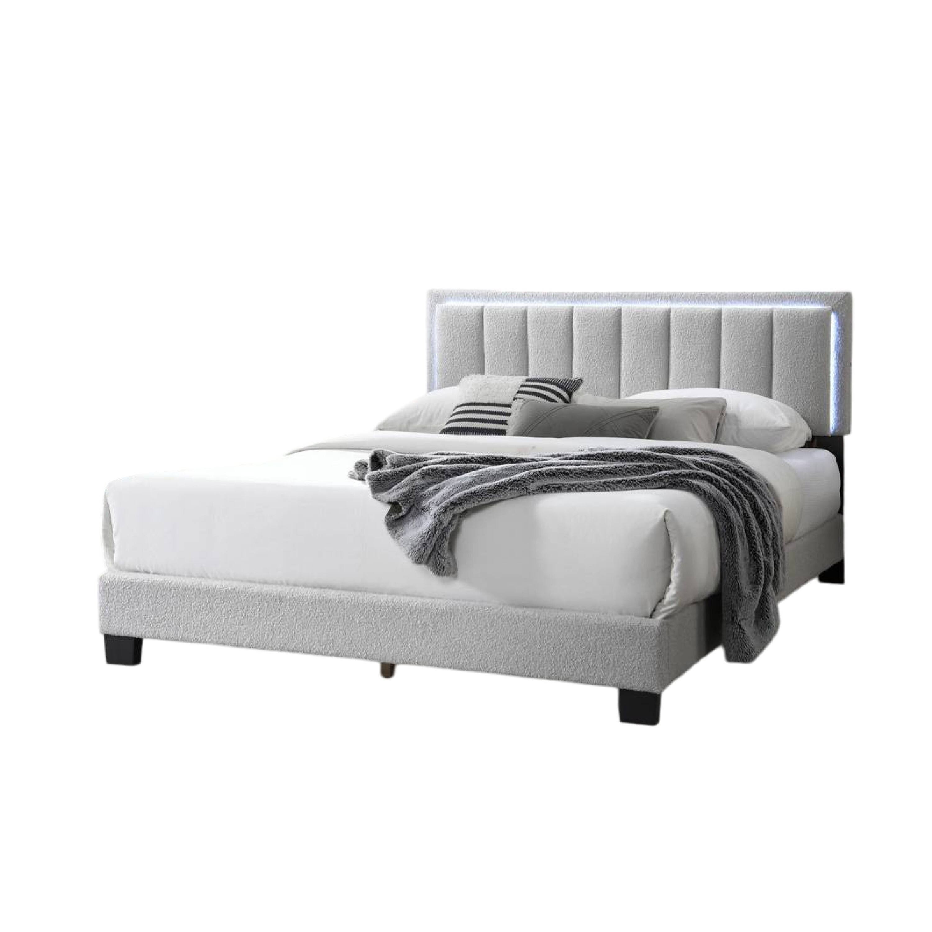 Manhattan Lane - Zemo Queen Size Bed, LED Headboard, Tufted Light Gray Wool Upholstery - Light Gray, Black