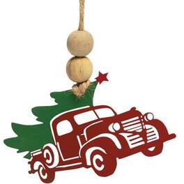 BreeBe - *Cutout Metal Vintage Truck & Tree Ornament - Natural, Red, Green