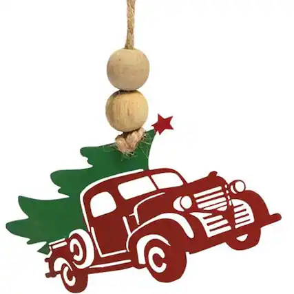 Front. BreeBe - *Cutout Metal Vintage Truck & Tree Ornament - Natural, Red, Green.