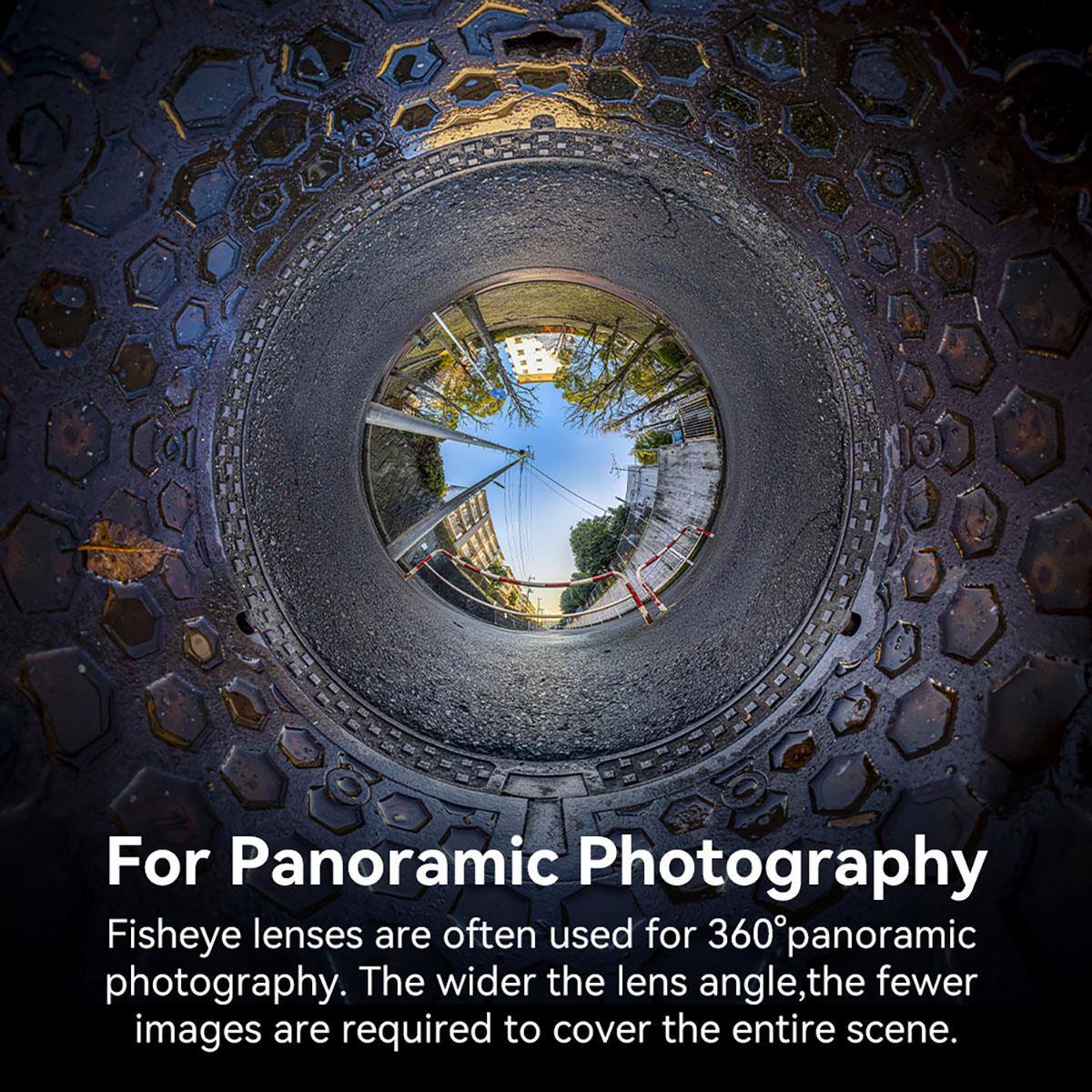 For Panoramic Photography

Fisheye lenses are often used for 360° panoramic photography. The wider the lens angle, the fewer images are required to cover the entire scene.
