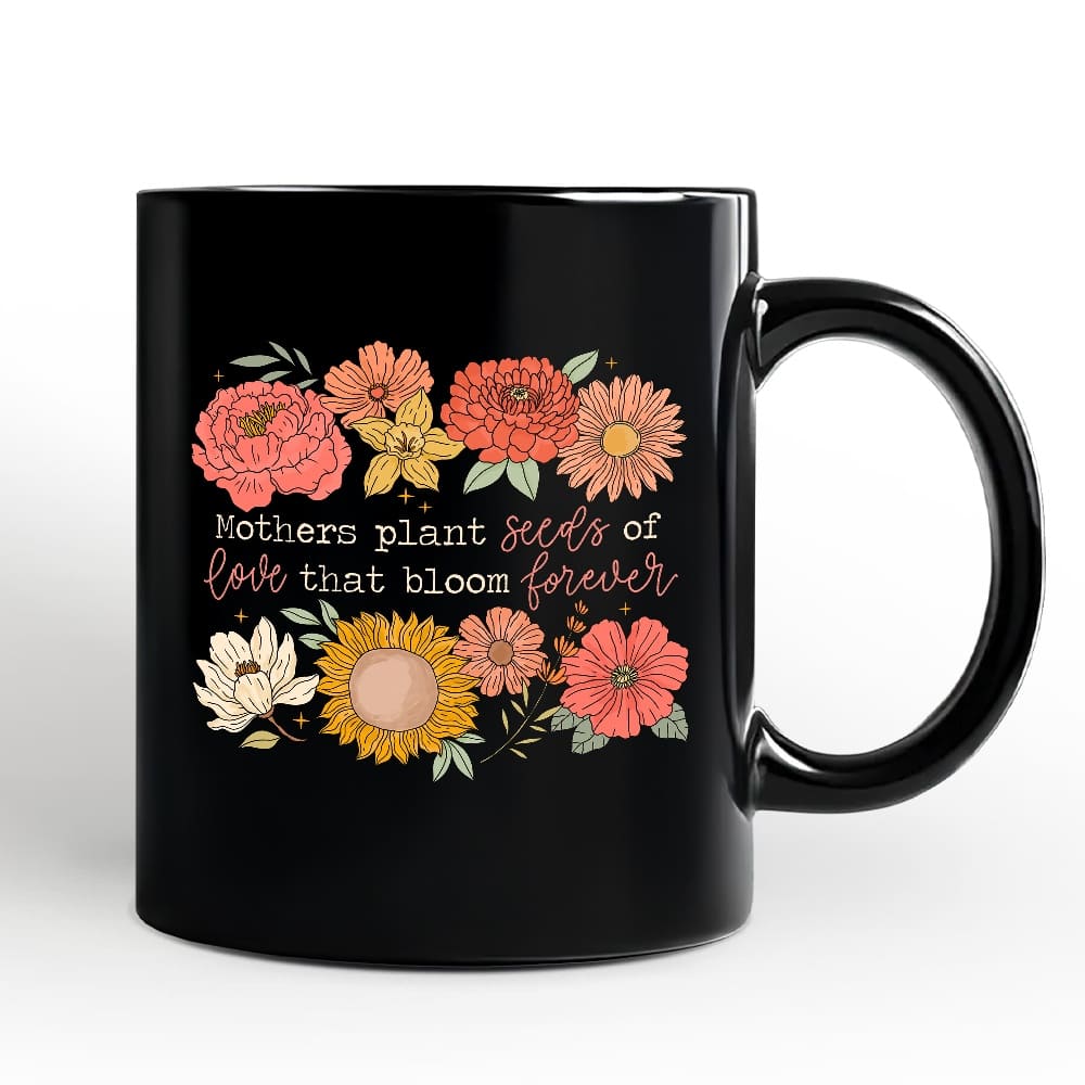OrnamentallyYou - Seeds of Love Mama Floral Mug, Retro Gift for Sentimental Mothers - Black