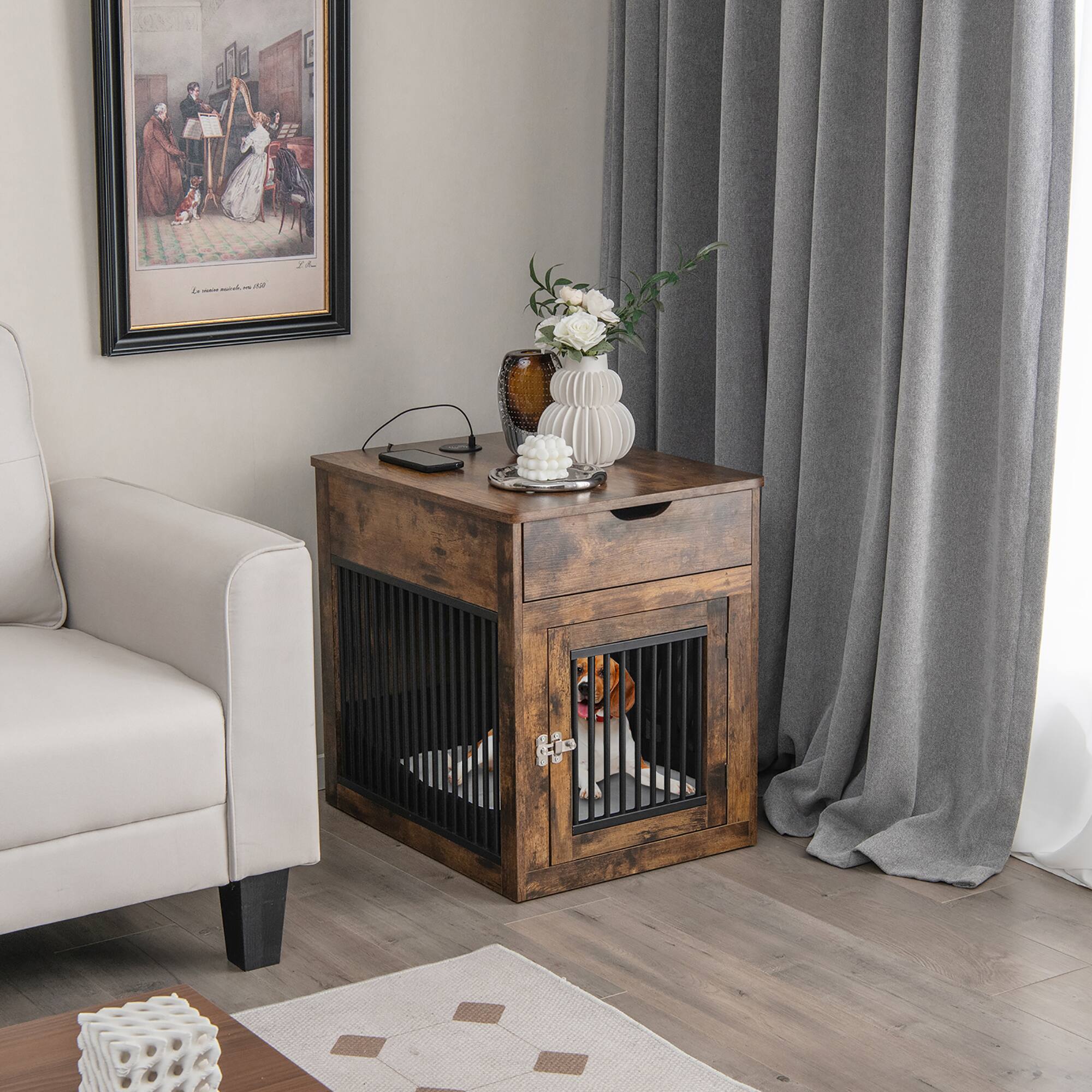 Alt View 1. Costway - Costway 2-In-1 Furniture Dog Crate with Drawer Wired & Wireless Charging Side End Table.