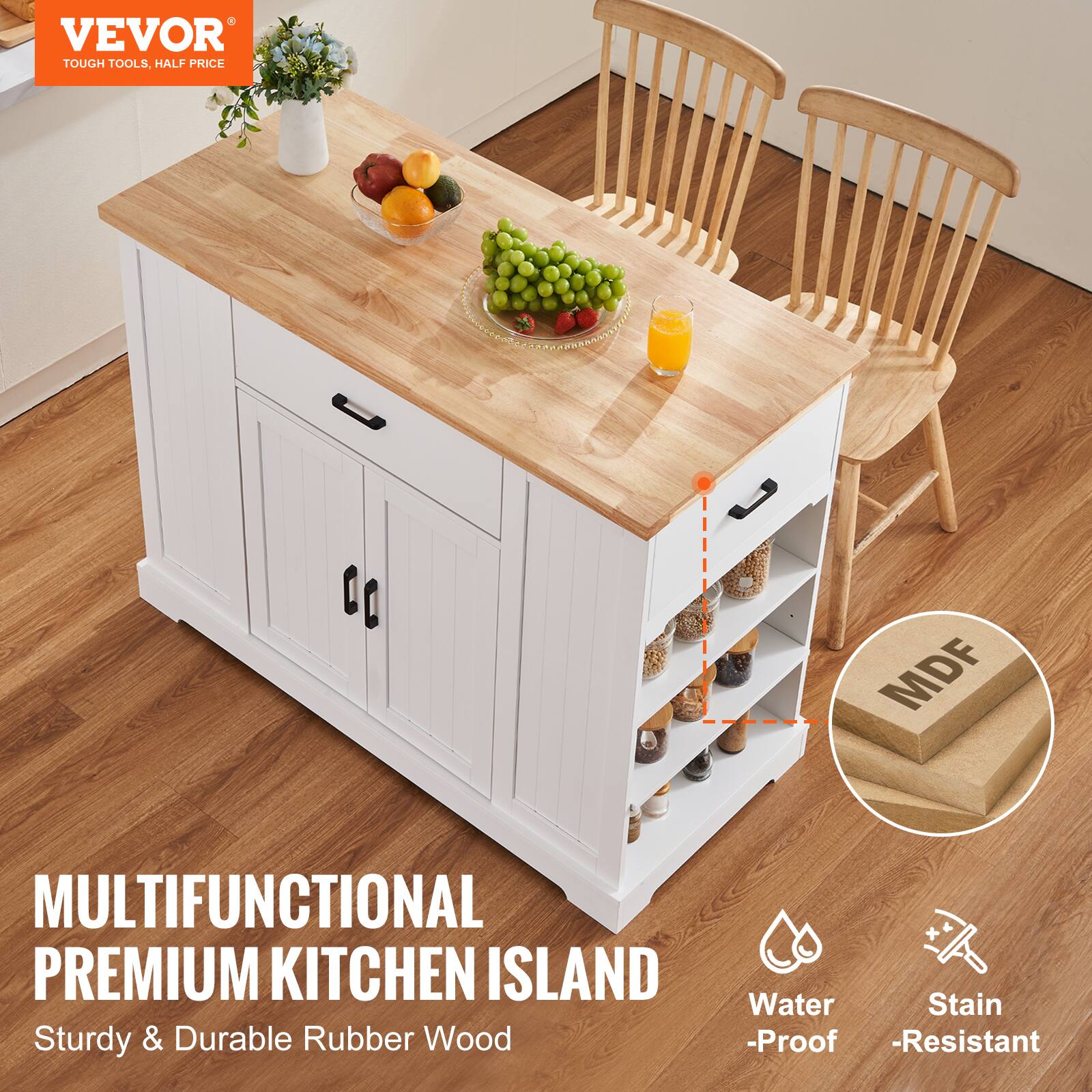 VEVOR TOUGH TOOLS. HALF PRICE 0O MDF MULTIFUNCTIONAL PREMIUM KITCHEN ISLAND Sturdy & Durable Rubber Wood Water Stain -Proof -Resistant