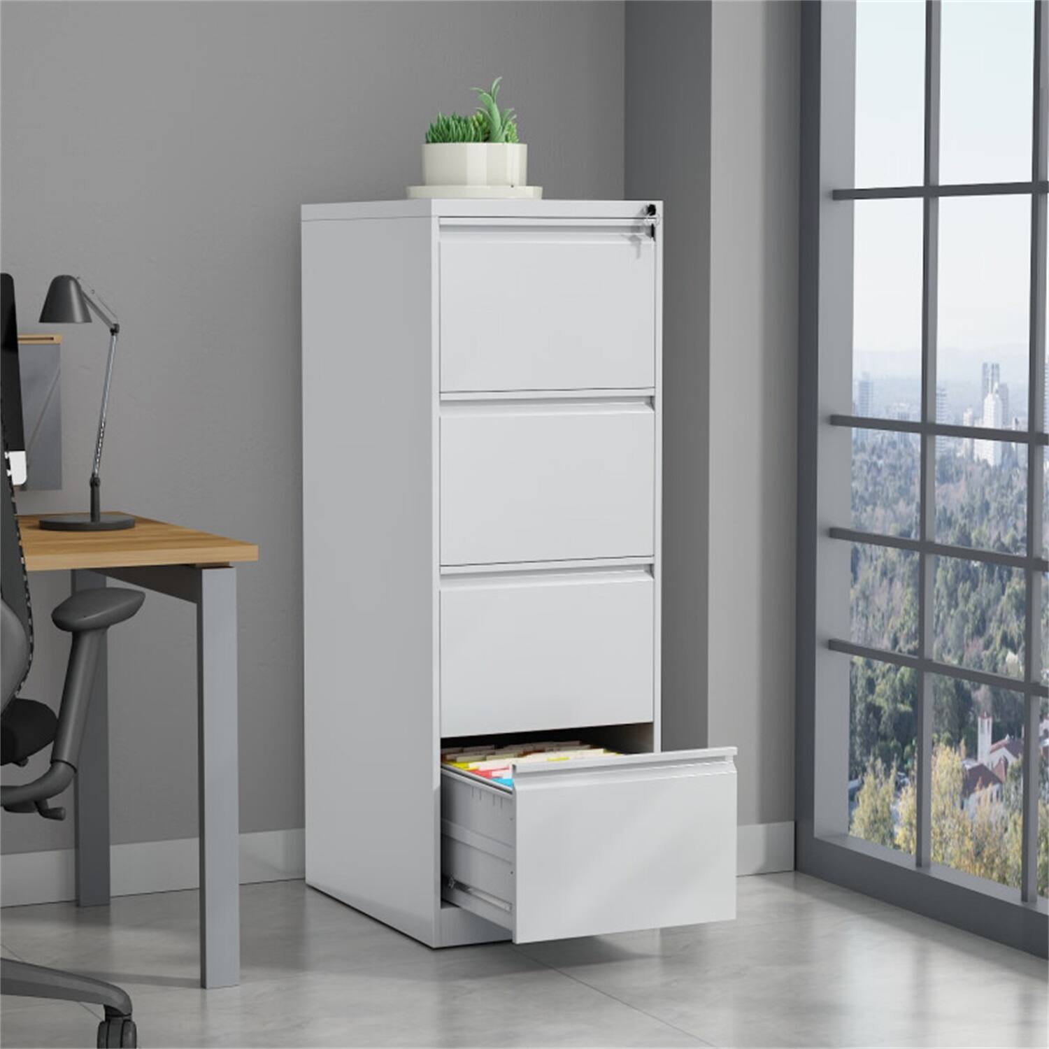 Alt View 1. COWLOWN - 4 Drawer Lockable Metal Vertical File Cabinet White Narrow Design for A4 Legal Letter Size.