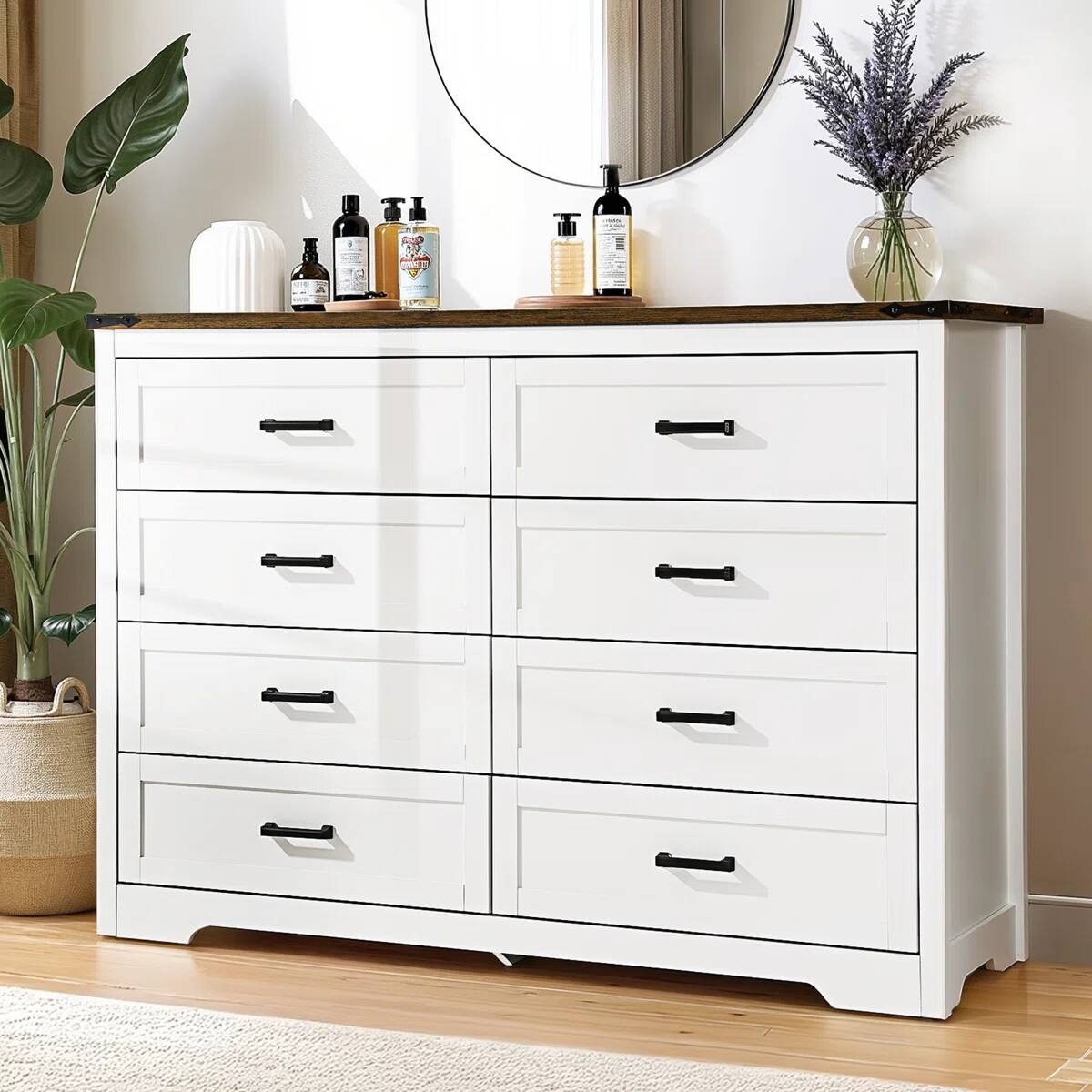 Alt View 1. Koligey - 8-Drawer Dresser 54"W Double Dresser With Rustic Brown Top Panel - white.