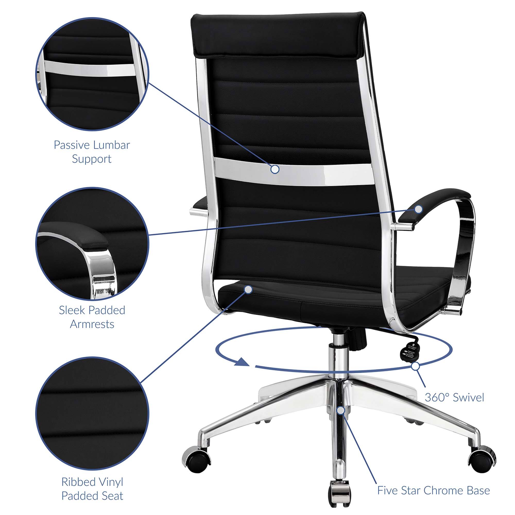 - Passive Lumbar Support
- Sleek Padded Armrests
- Ribbed Vinyl Padded Seat
- 360° Swivel
- Five Star Chrome Base