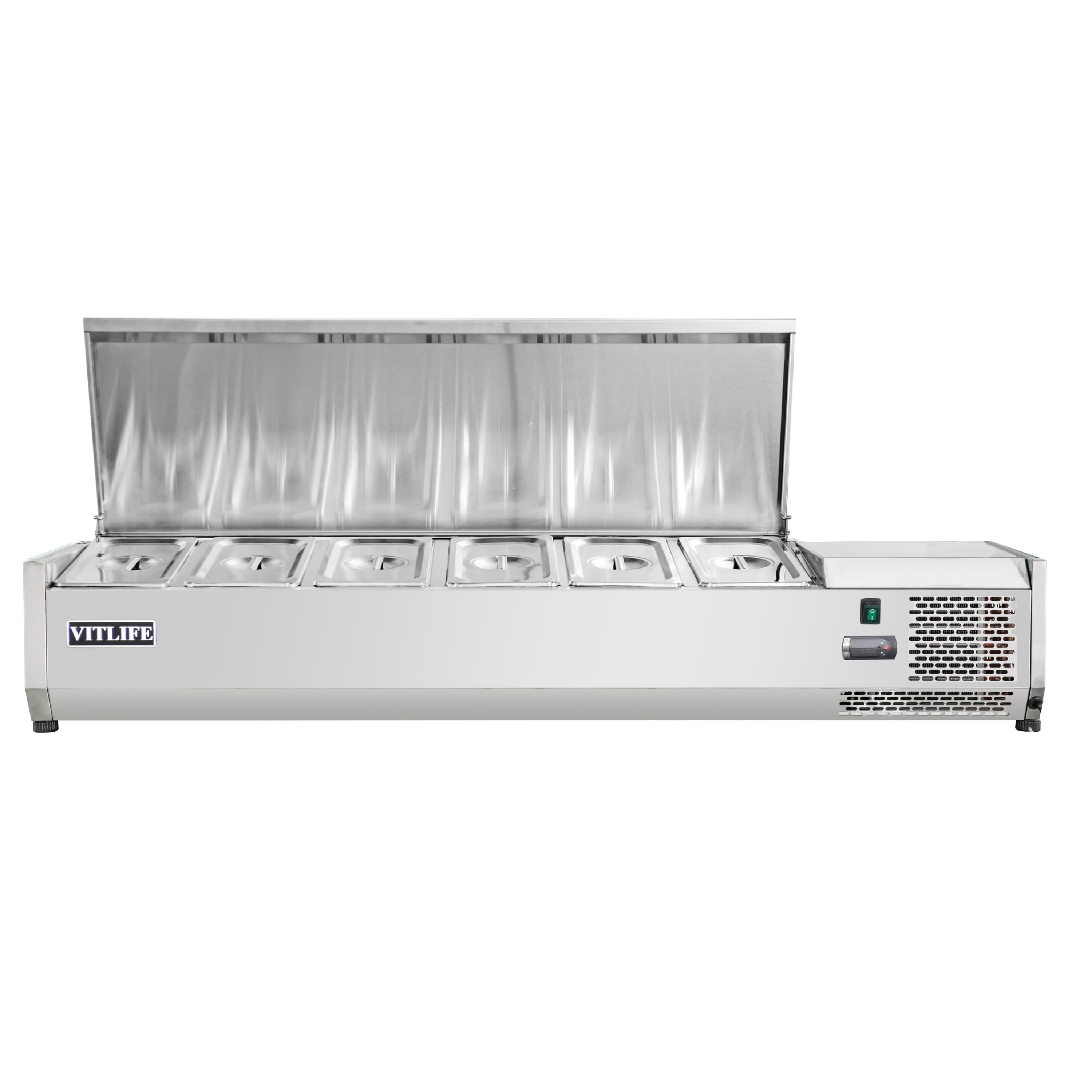Equator - Vitlife Commercial Refrigerated Condiment Prep Station, Stainless Lid 6 Pan (GN1/3×5+GN1/2×1), 33–41°F, 59.1" - Stainless Steel