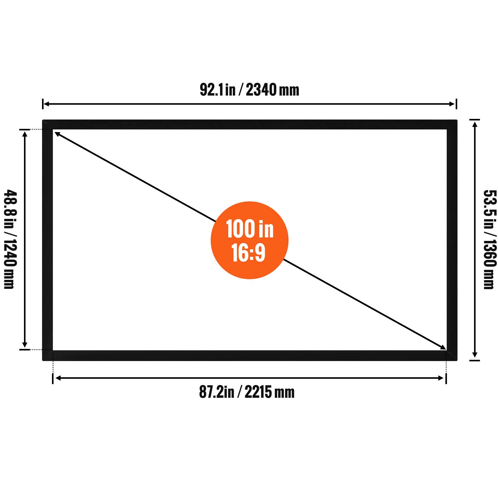 Here is the corrected and grouped text:

- 92.1 in / 2340 mm
- 48.8 in / 1240 mm
- 100 in (16:9)
- 53.5 in / 1360 mm
- 87.2 in / 2215 mm
