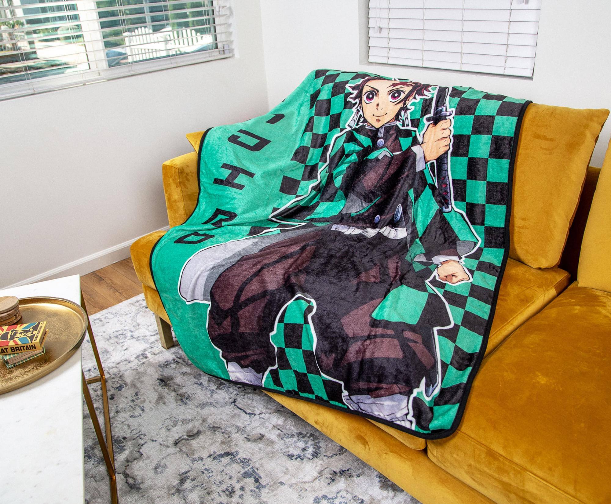 Alt View 2. Surreal Entertainment - Demon Slayer Tanjiro Kamado Haori Fleece Throw Blanket | 45 x 60 Inches - Green.