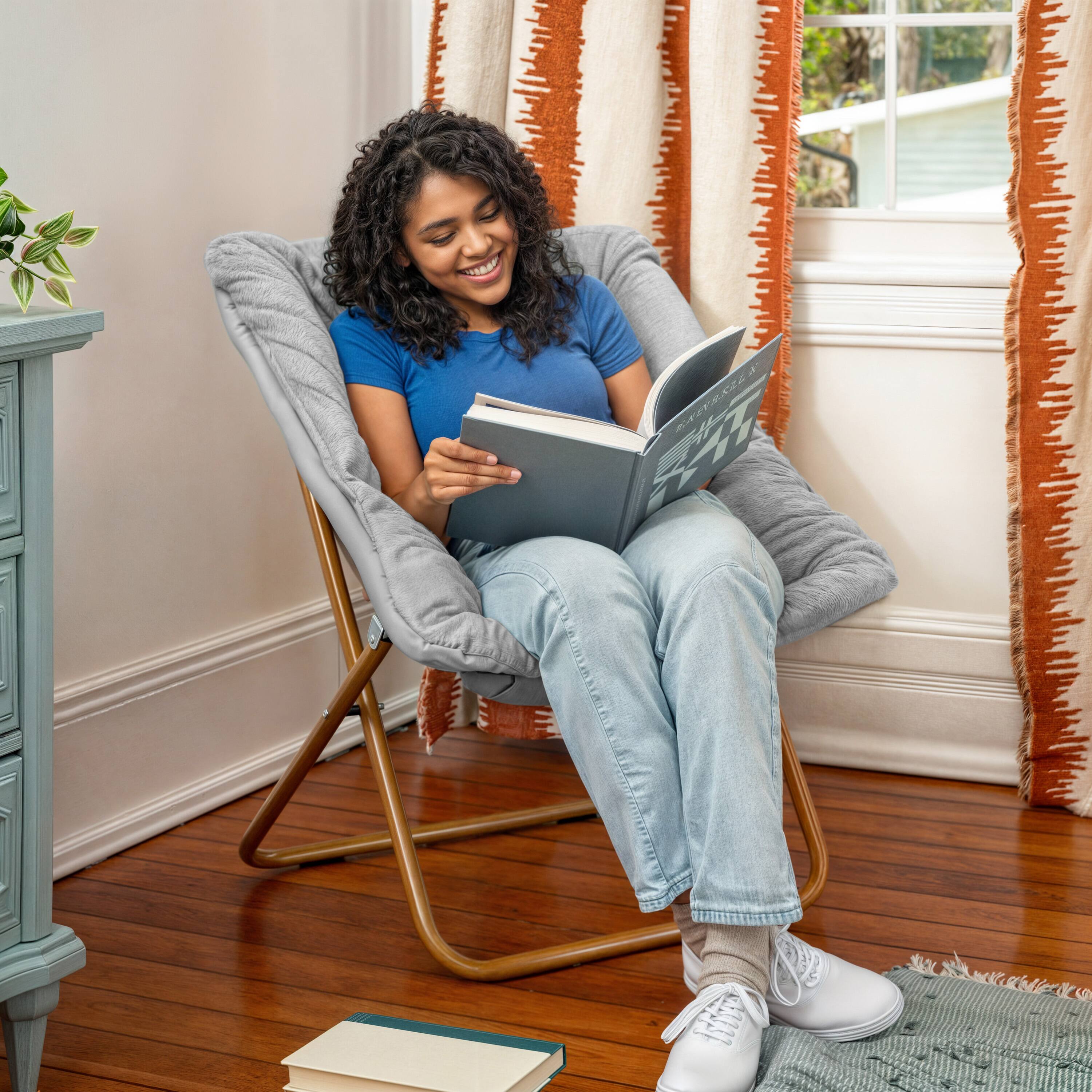 Alt View 3. Emma + Oliver - Aisling Oversized Folding Saucer Chair for Dorm, Bedroom - Gray Fabric/Soft Gold Frame.