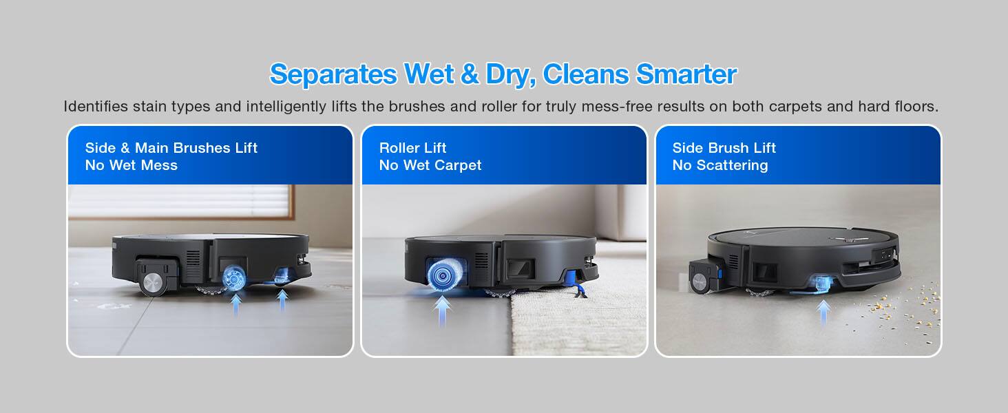 Separates Wet & Dry, Cleans Smarter

Identifies stain types and intelligently lifts the brushes and roller for truly mess-free results on both carpets and hard floors.

- Side & Main Brushes Lift No Wet Mess
- Roller Lift No Wet Carpet
- Side Brush Lift No Scattering