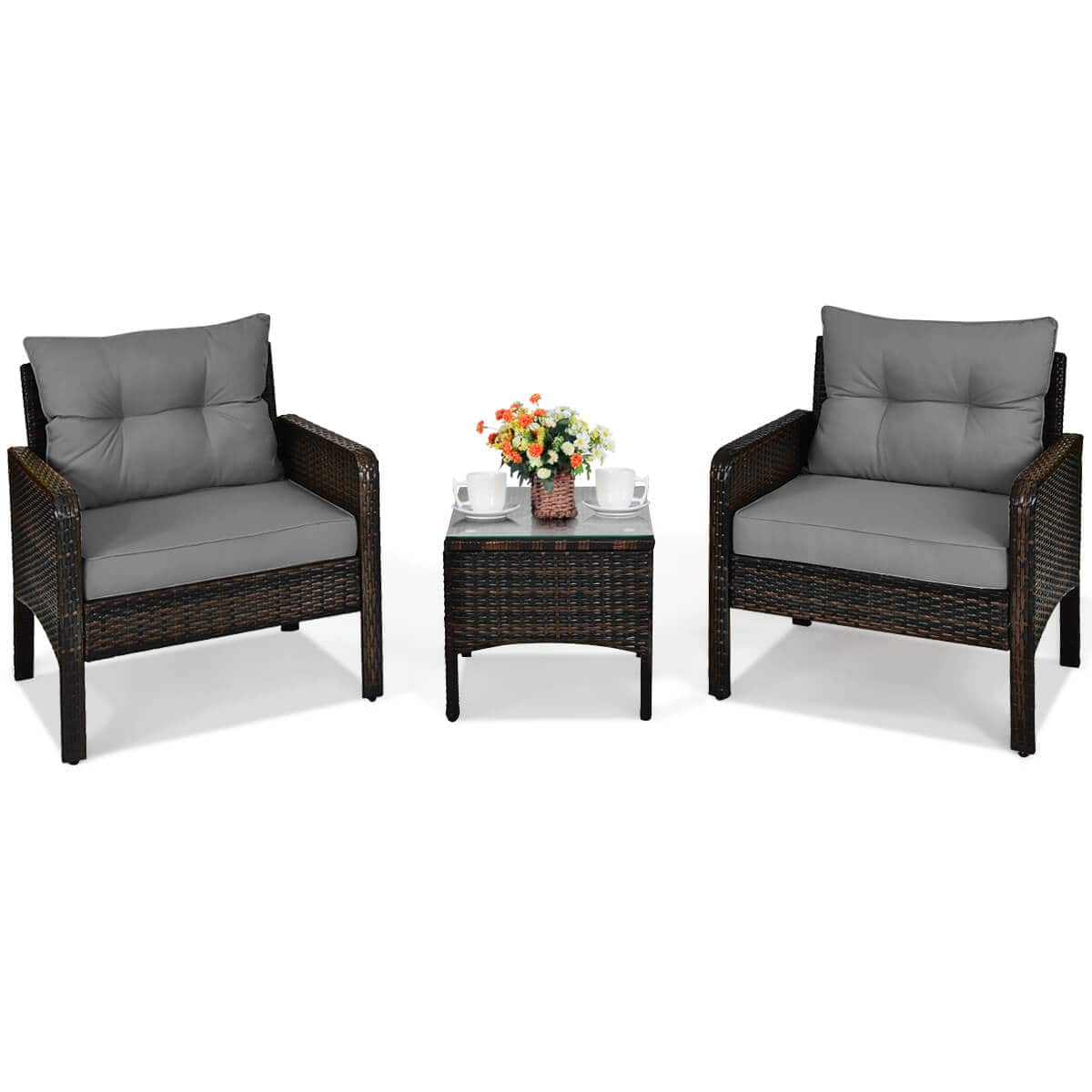 Costway - 3 PCS Patio PE Wicker Furniture Set with Cushions and Tempered Glass Coffee Table - Gray