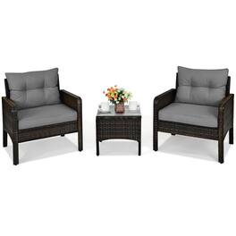 Costway - 3 PCS Patio PE Wicker Furniture Set with Cushions and Tempered Glass Coffee Table - Gray