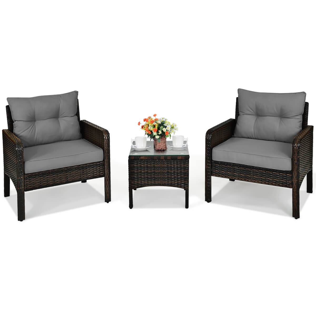 Front. Costway - Costway 3 PCS Patio PE Wicker Furniture Set with Cushions and Tempered Glass Coffee Table - Gray.