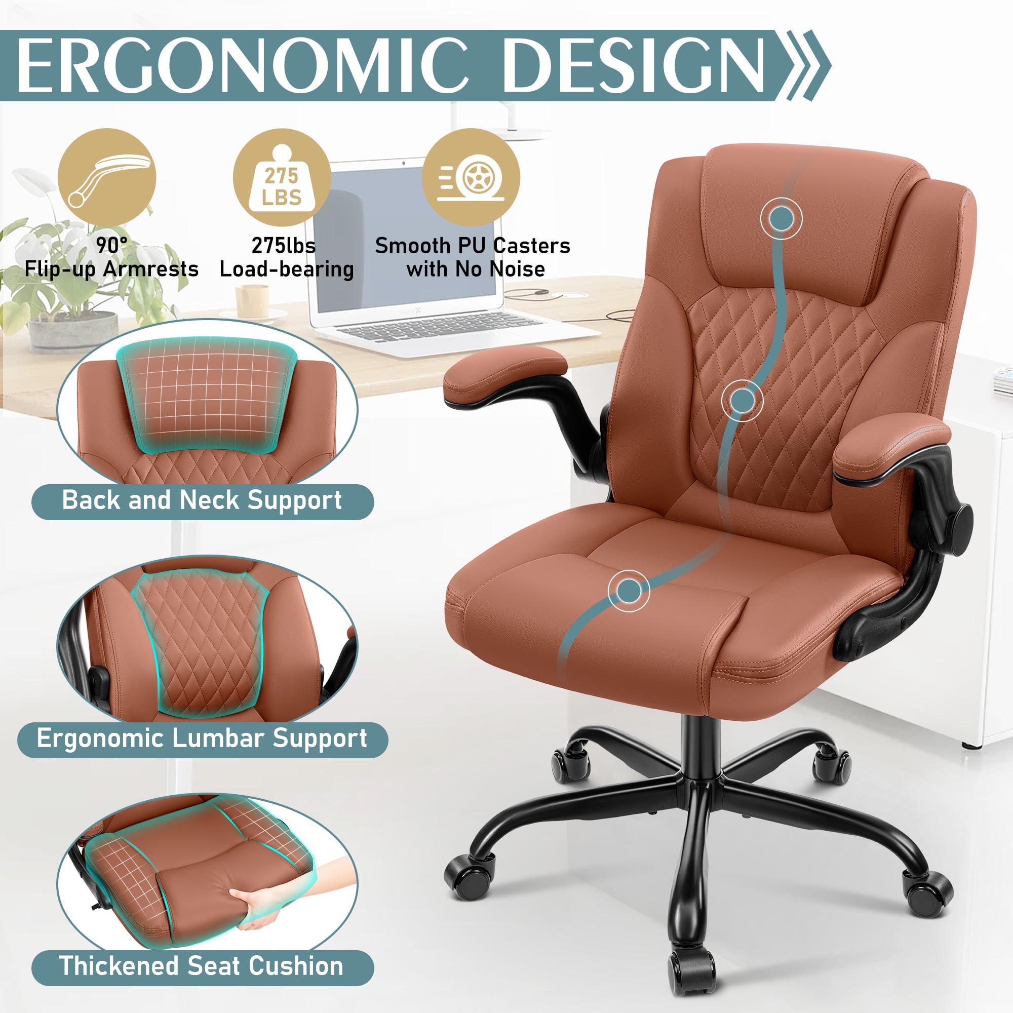 ERGONOMIC DESIGN 275 LBS 90 Flip-up Armrests Load-bearing with No Noise Back and Neck Support Ergonomic Lumbar Support Thickened Seat Cushion