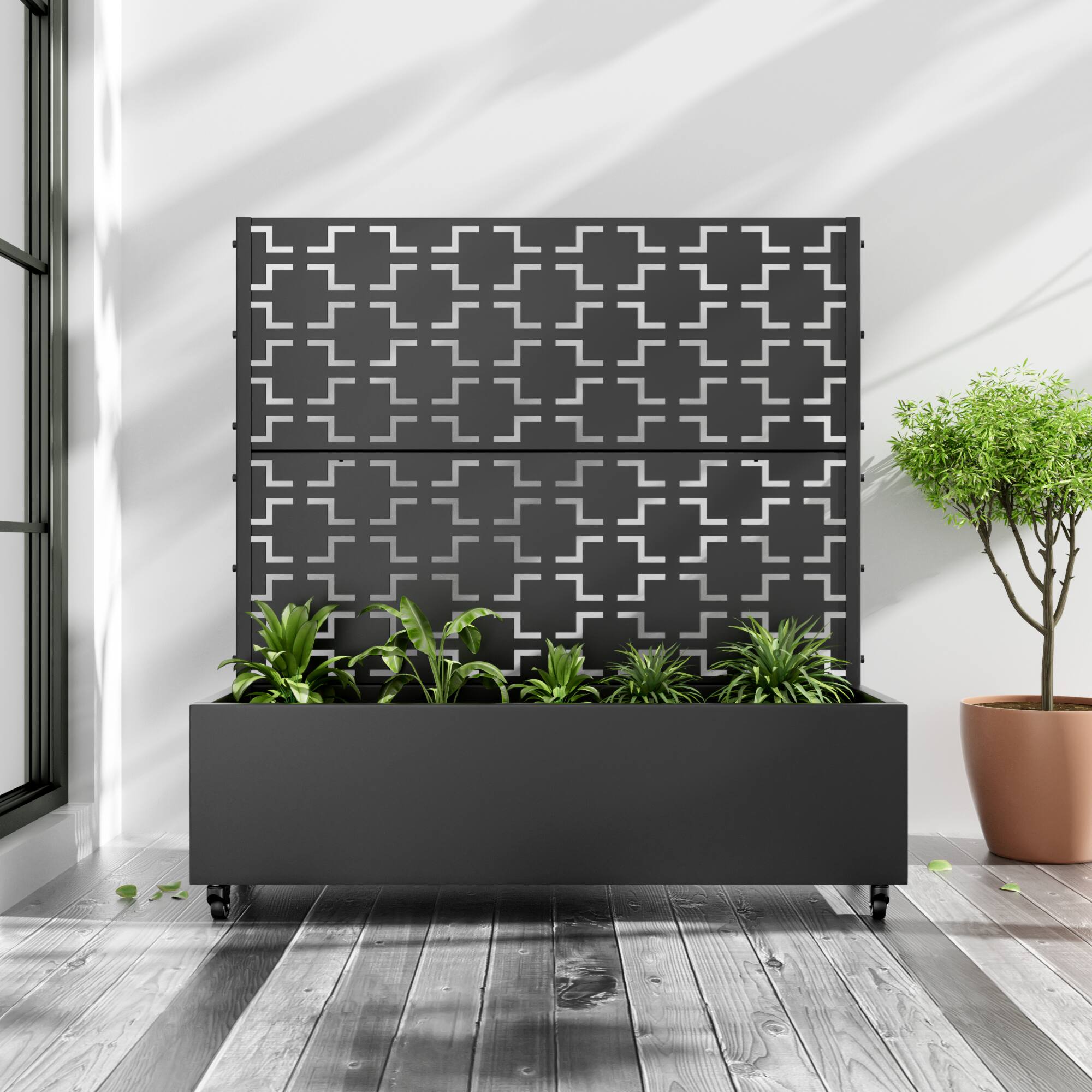 PexFix - 47 in. H x 47 in. W Grid Pattern Rectangle Metal Planter Box Raised Garden Beds with Trellis-Ideal for Balcony - Black
