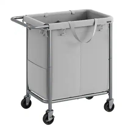 Front. Songmics Home - Laundry Basket on Wheels,2-Compartment Linen Laundry Hamper,37 Gallons (140L),Removable Liner,Steel Frame with Handle - Dove Grey.