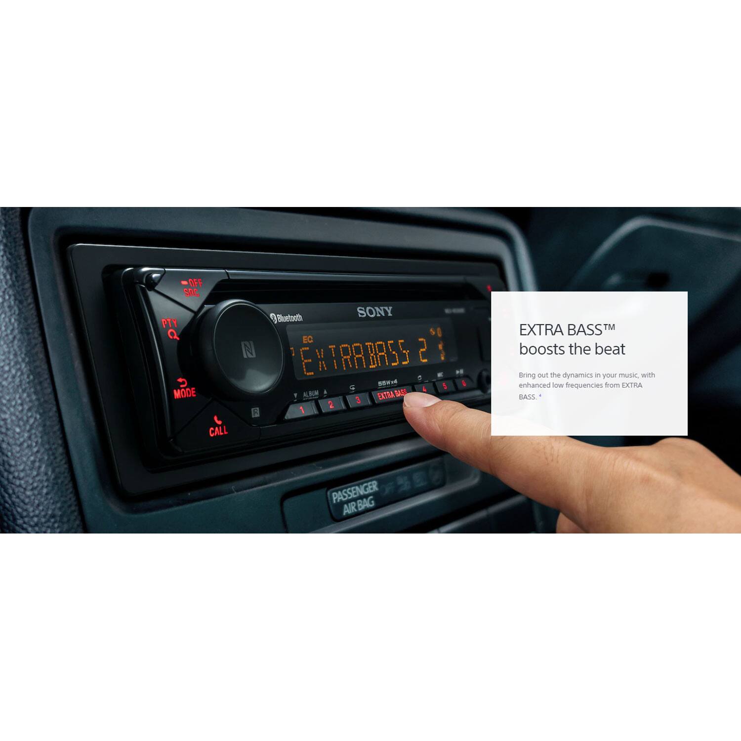 Sure, here is the corrected and grouped text:

---

**SONY**

**EXTRA BASS™**  
boosts the beat

Bring out the dynamics in your music, with enhanced low frequencies from EXTRA BASS™

---

**OFF**  
**SAC**  
**Y9**  
**Q**  
**MODE**  
**CALL**  
**SONY**  
**Bluetooth**  
**EC**  
**N**  
**EXTRABASS**  
**2**  
**-**  
**S.e**  
**1**  
**A**  
**KU**  
**a**  
**SAE**  
**1**  
**3**  
**EXTRA**  
**2**  
**F**  
**1**  
**EXTRA BASS™**  
**PASSENGER**  
**AIR BAG**