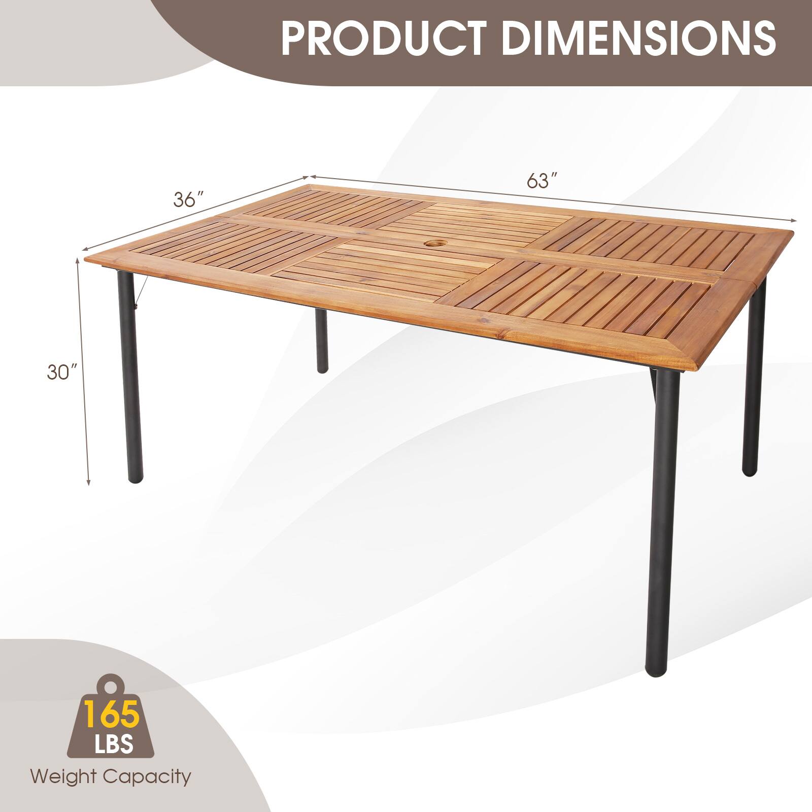 PRODUCT DIMENSIONS  
36" x 63" x 30"  
165 LBS Weight Capacity
