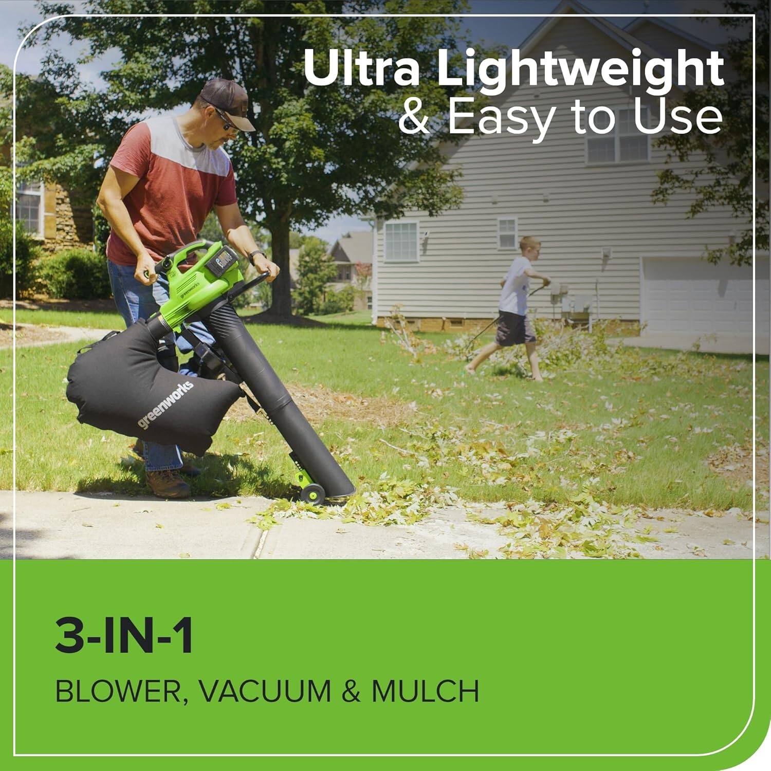 Ultra Lightweight & Easy to Use greenworks 3-IN-1 BLOWER, VACUUM & MULCH