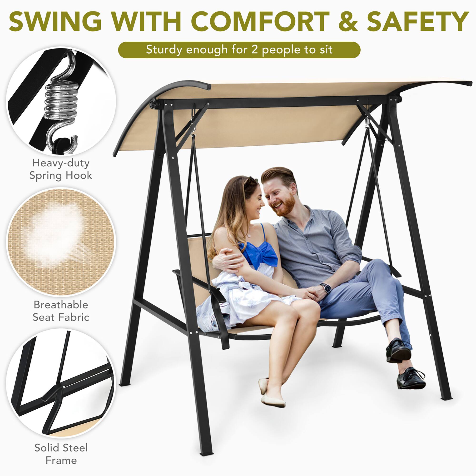 SWING WITH COMFORT & SAFETY  
Sturdy enough for 2 people to sit  

- Heavy-duty Spring Hook  
- Breathable Seat Fabric  
- Solid Steel Frame