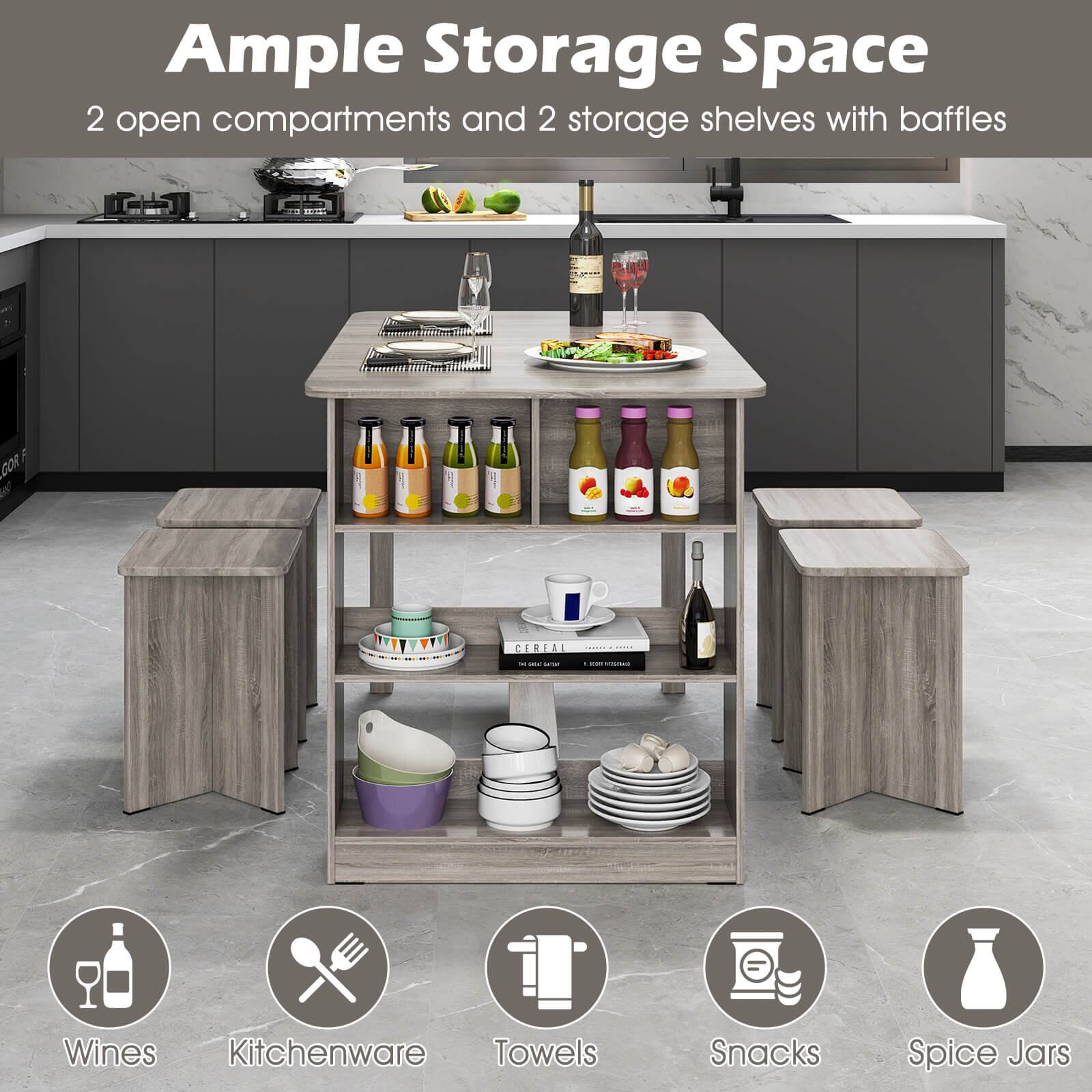 Ample Storage Space  
2 open compartments and 2 storage shelves with baffles  

- Wines  
- Kitchenware  
- Towels  
- Snacks  
- Spice Jars