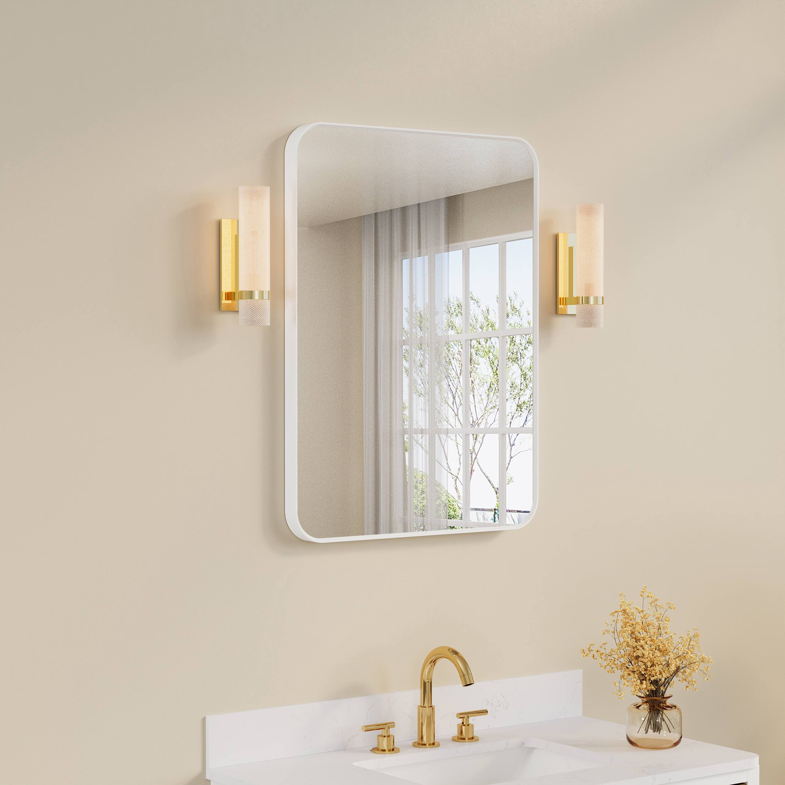 Angle. WELLFOR - 24 in. W. x 32 in. H Rectangular Aluminum Framed Wall-Mounted Bathroom Vanity Mirror - White.