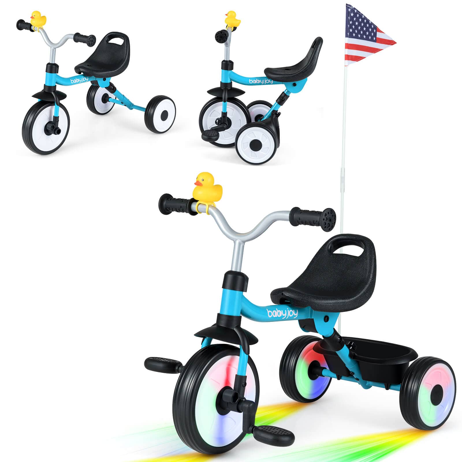 Costway - 3-in-1 Kids Tricycle with Lighted Wheels Folding Toddler Trike with Adjustable Seat - Blue