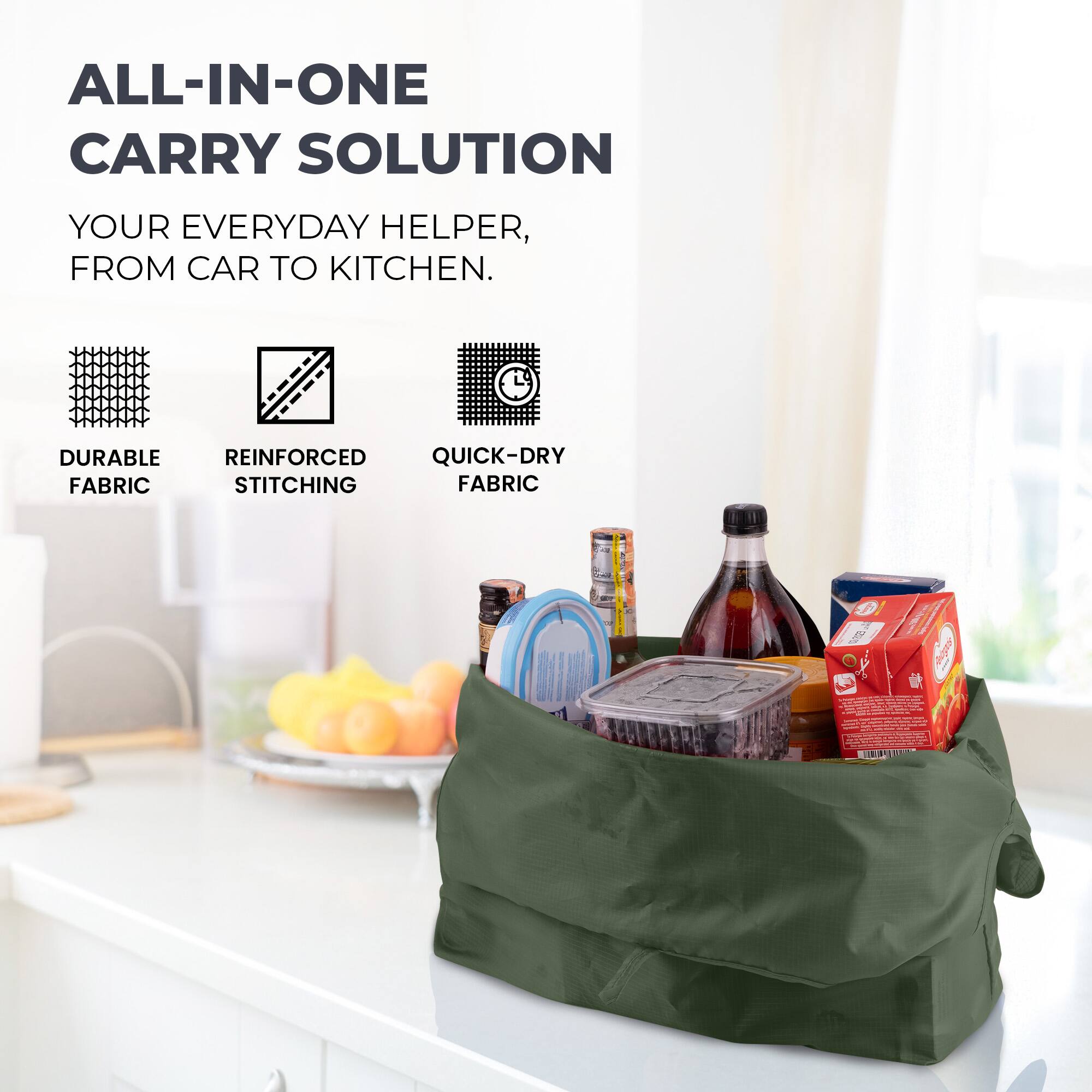 ALL-IN-ONE CARRY SOLUTION  
YOUR EVERYDAY HELPER, FROM CAR TO KITCHEN.  
DURABLE REINFORCED QUICK-DRY FABRIC STITCHING FABRIC  
5200