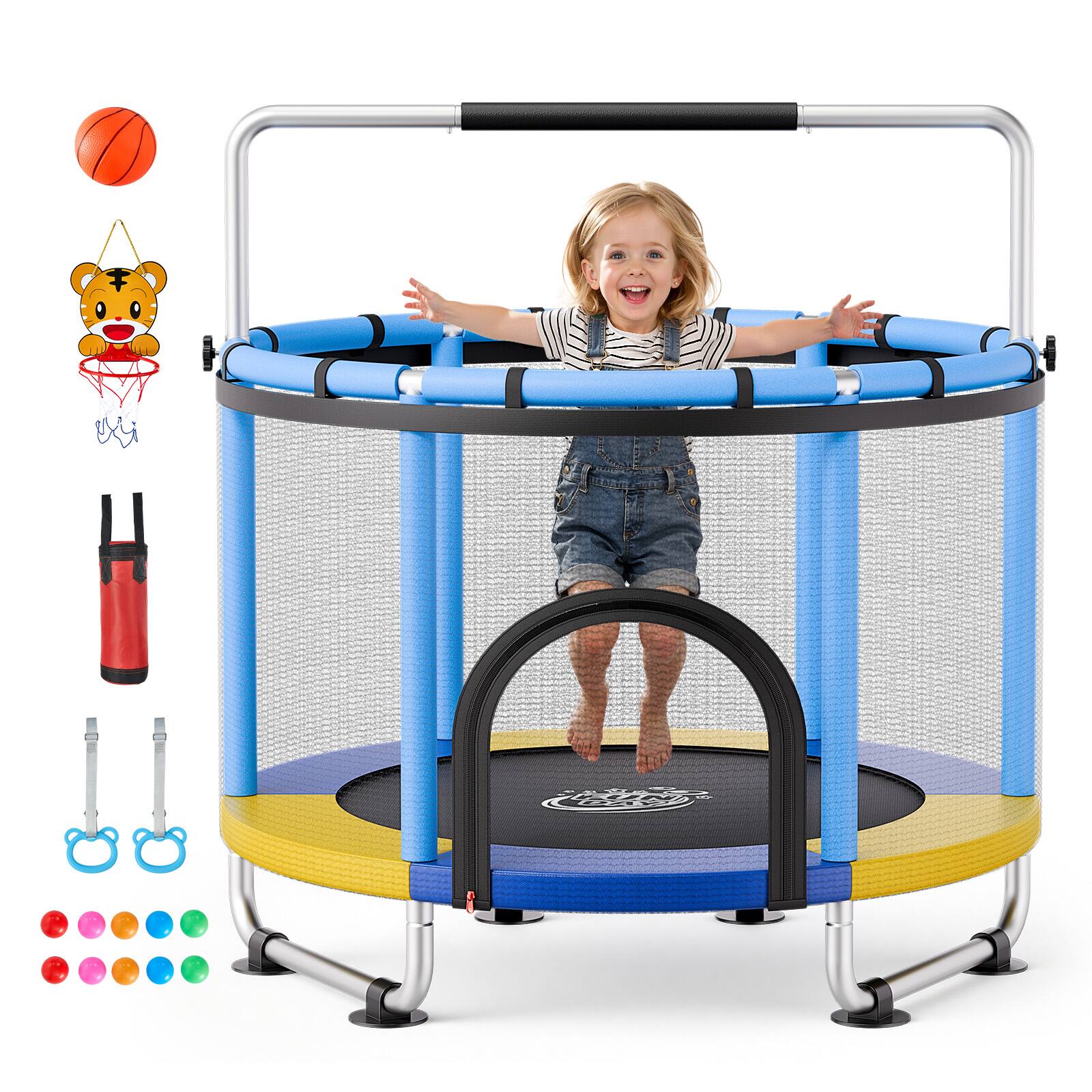 Front. VEVOR - 60" Trampoline for Kids, 5 FT Toddler Mini Trampoline, 132 lbs Indoor Outdoor Play Toys with Enclosure Net - Blue.