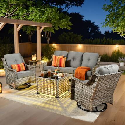 Front. Ovios - 5 PCS Outdoor Patio Furniture Set with Side Table, Swivel Chairs & Solar Light Coffee Table - Dark Grey.
