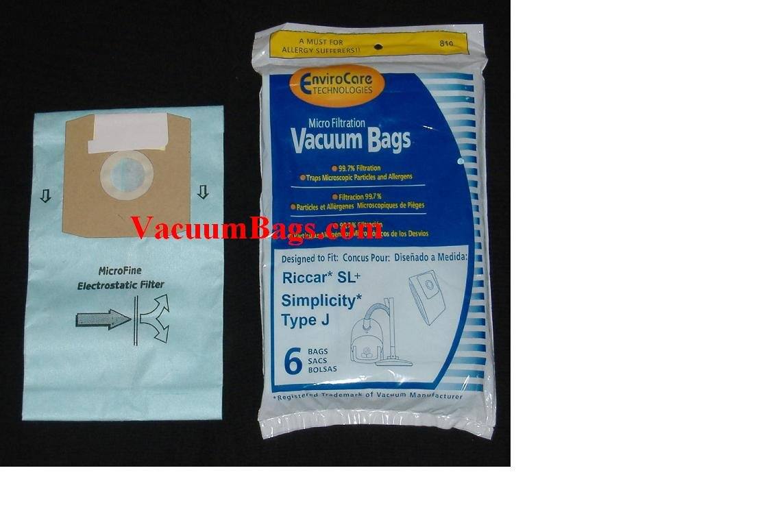 A MUST FOR ALLERGY SUFFERERS!!  
810 EnviroCore TECHNOLOGIES Micro Filtration Vacuum Bags  
99.7% Filtration Traps Microscopic Particles and Allergens  
Filtracion 99.7% Particles et Allergenes Microscopiques de Pigeons Vacuum Bags.com  
cOs de los Desvios  
Designed to Fit: Concus Pour: Diseñado a Medida:  
MicroFine Riccar* SL+ Electrostatic Filter Simplicity* Type J  
BAGS 6 SACS BOLSAS  
*Registered Trademark of Vacuum Manufacturer