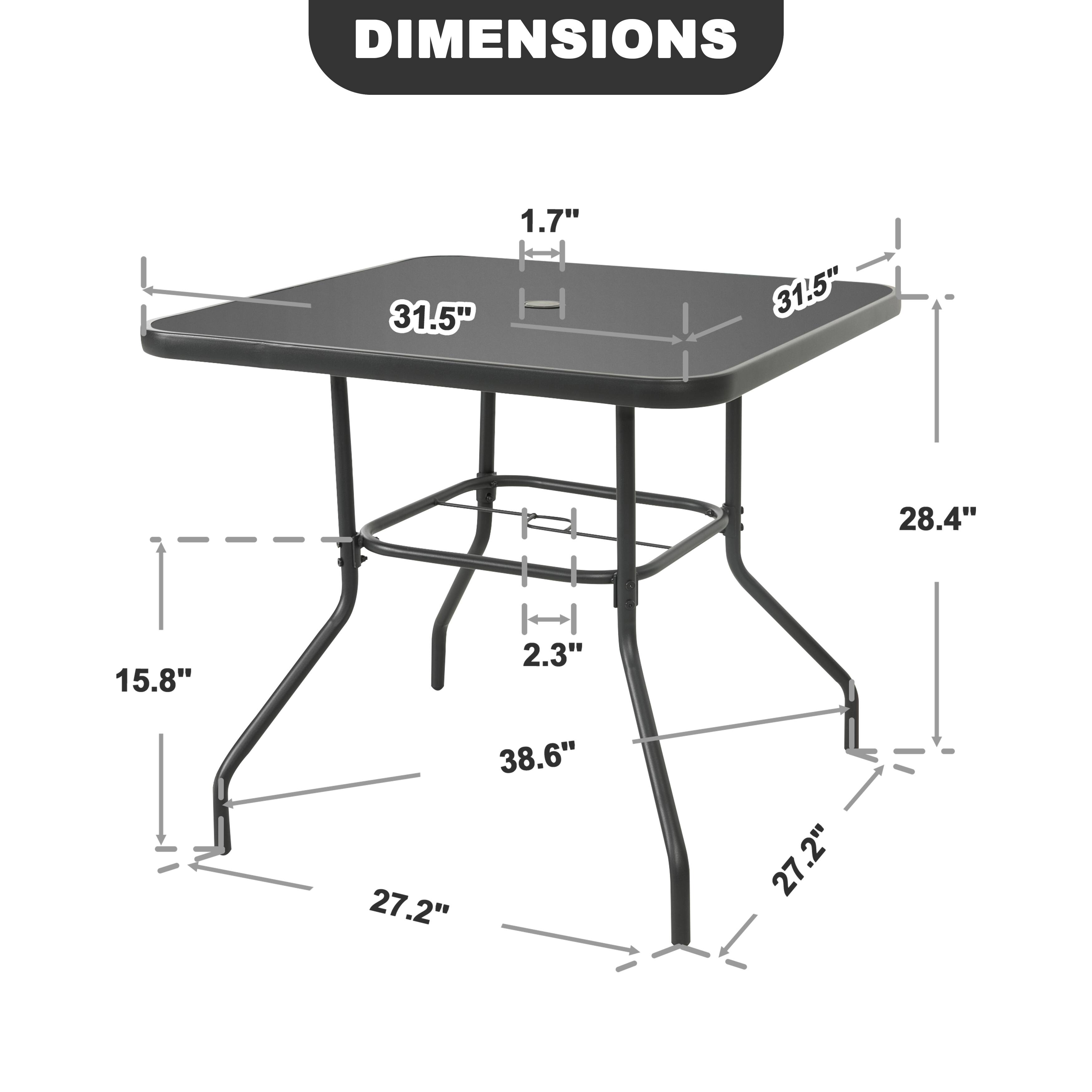 DIMENSIONS 31.5" 1.7" 31.5" 28.4" 15.8" 2.3" 38.6" 27.2" 27.2"