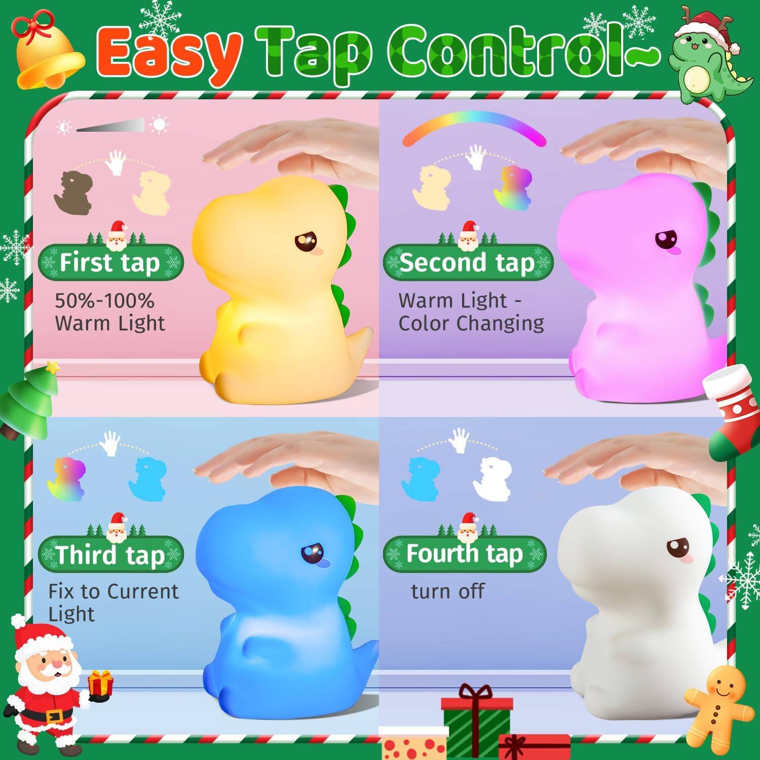Easy Tap Control~  
First tap: 50%-100% Warm Light  
Second tap: Warm Light - Color Changing  
Third tap: Fix to Current Light  
Fourth tap: turn off