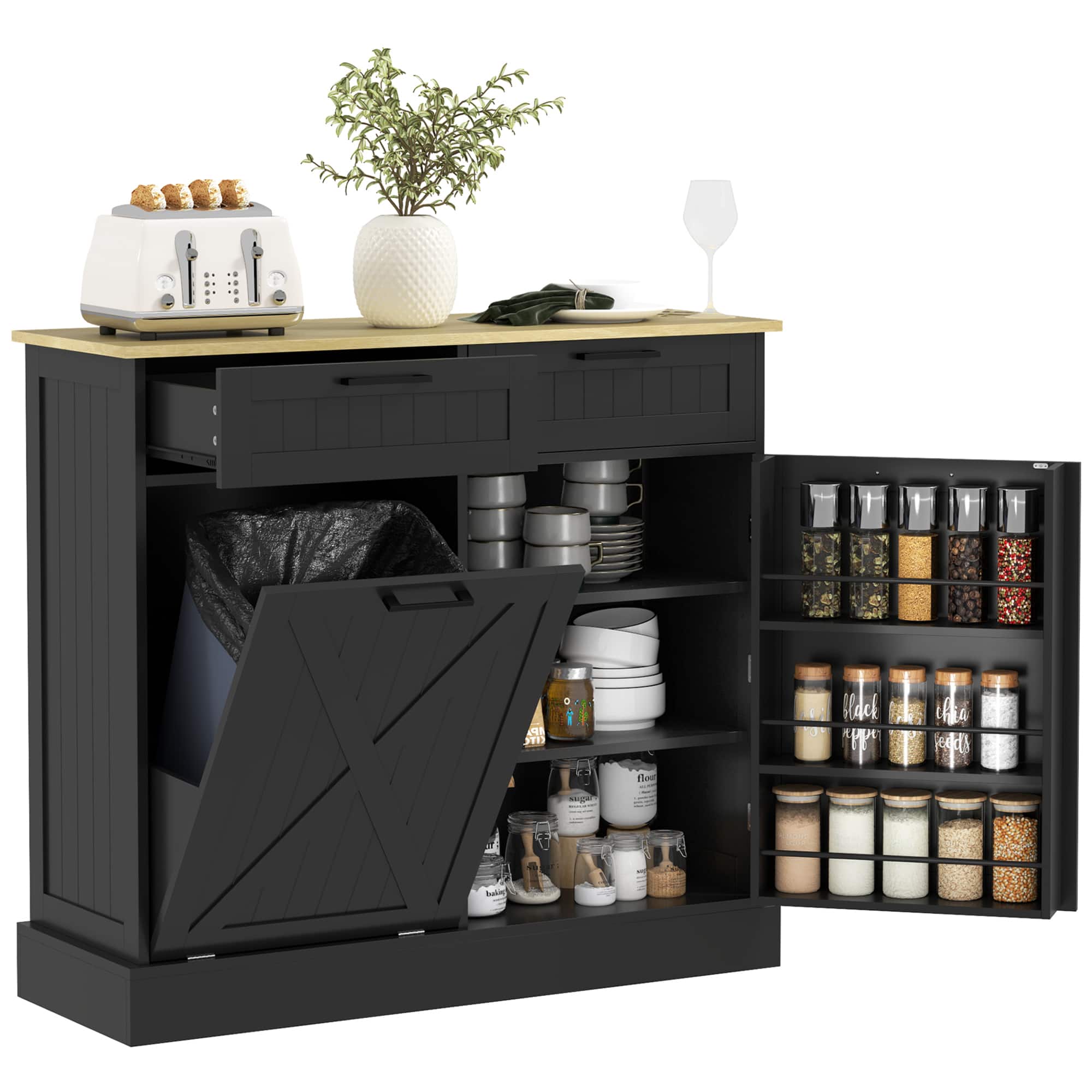 Homcom - Gallon Farmhouse Kitchen Cabinet with Hidden Trash Can and 2 Drawers - Black