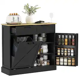 Homcom - Gallon Farmhouse Kitchen Cabinet with Hidden Trash Can and 2 Drawers - Black