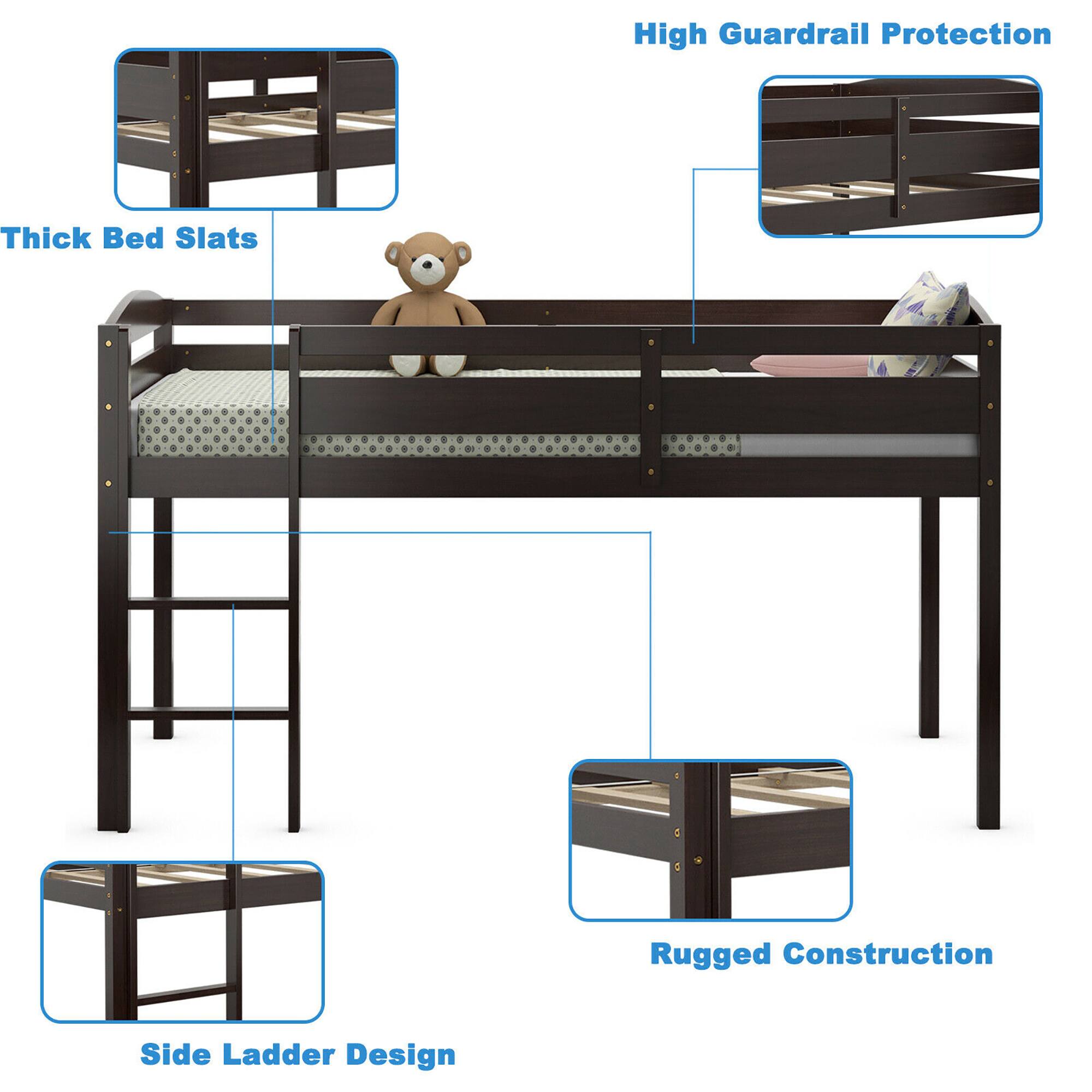 Alt View 8. Costway - Costway Twin Low Loft Bunk Junior Bed Bedroom Wooden Guard Rail Ladder - Espresso.