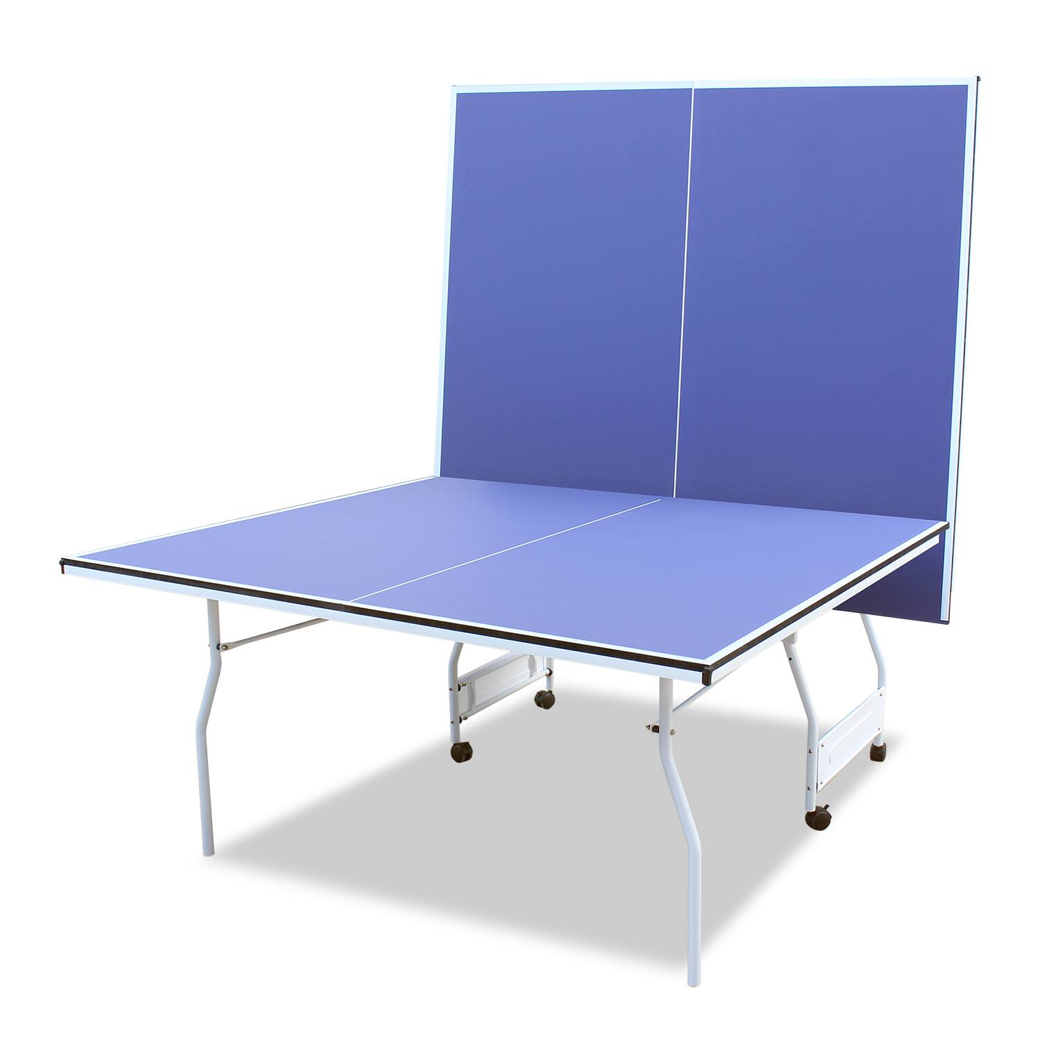 Left. APRILSOUL - 9FT Mid-Size Table Tennis Table Foldable and Portable Ping Pong Table Set for Indoor Games with Net 2 Paddles 3 Balls - Blue.