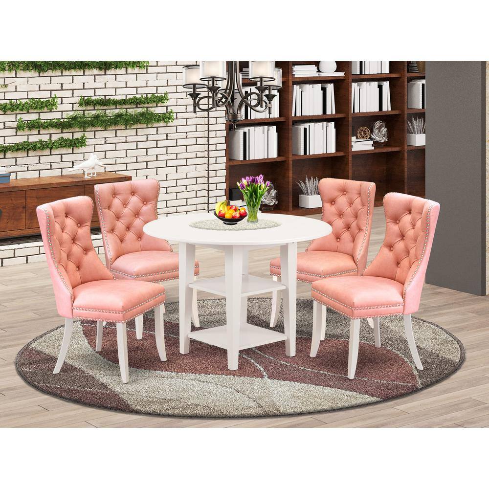 Alt View 3. East West Furniture - 5 Piece Dining Set Consists of a Round Kitchen Table with Dropleaf & Shelves - White.