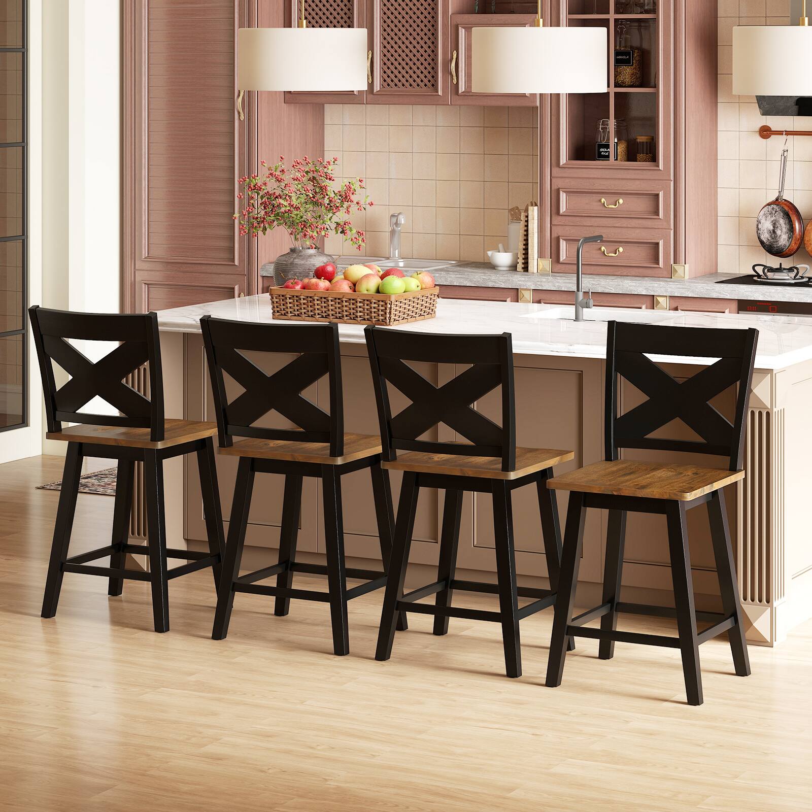 Alt View 1. Gymax - Gymax 24'' Swivel Barstools Set of 4 w/Backrest Large Seat Footrest for Kitchen Island Black & Walnut - Black.